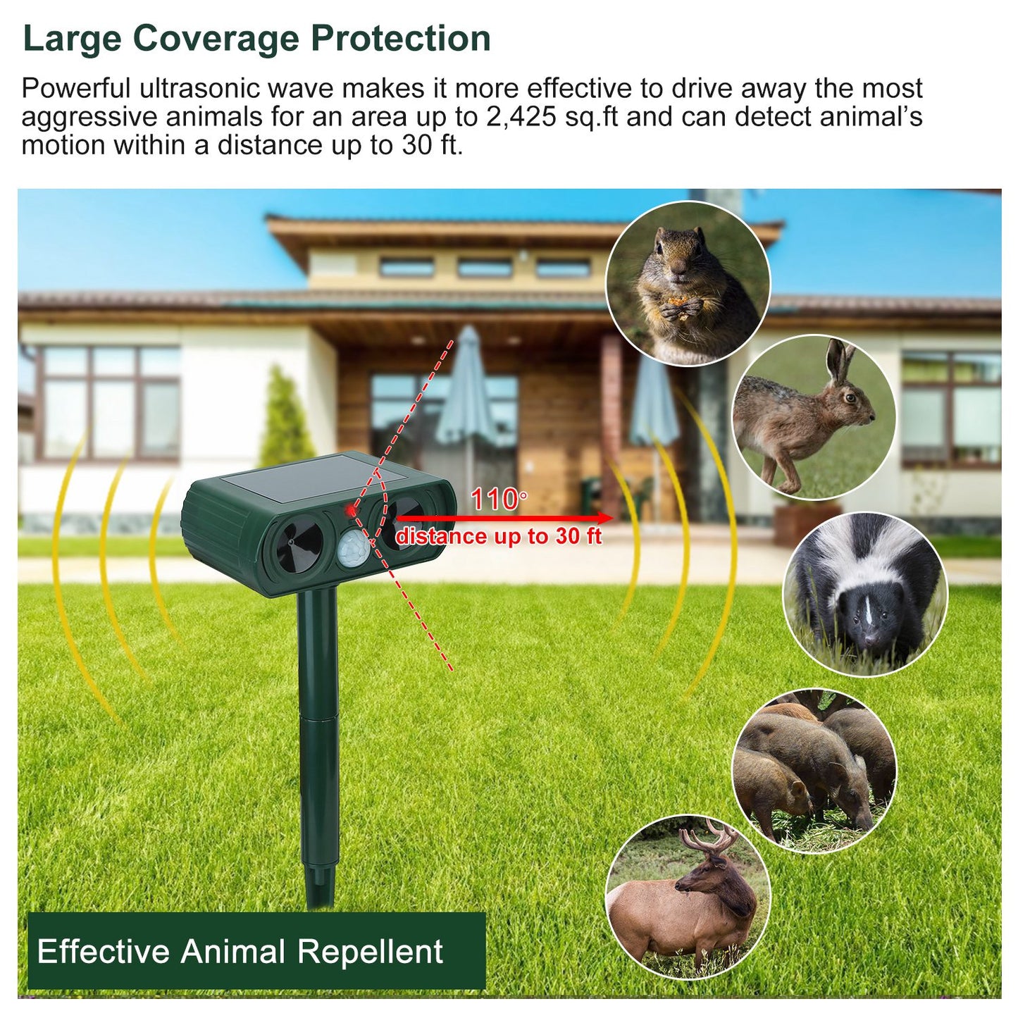 Ultrasonic Animal Repeller Solar Powered Motion Sensor Repellent