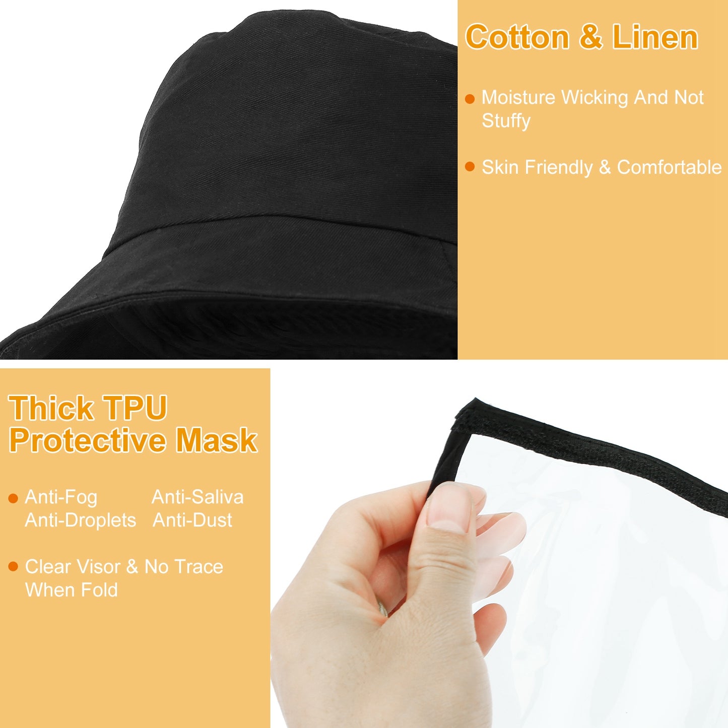 Fishman Hat Protective Face Shield Removable Sun Bucket Cap Face Cover Black