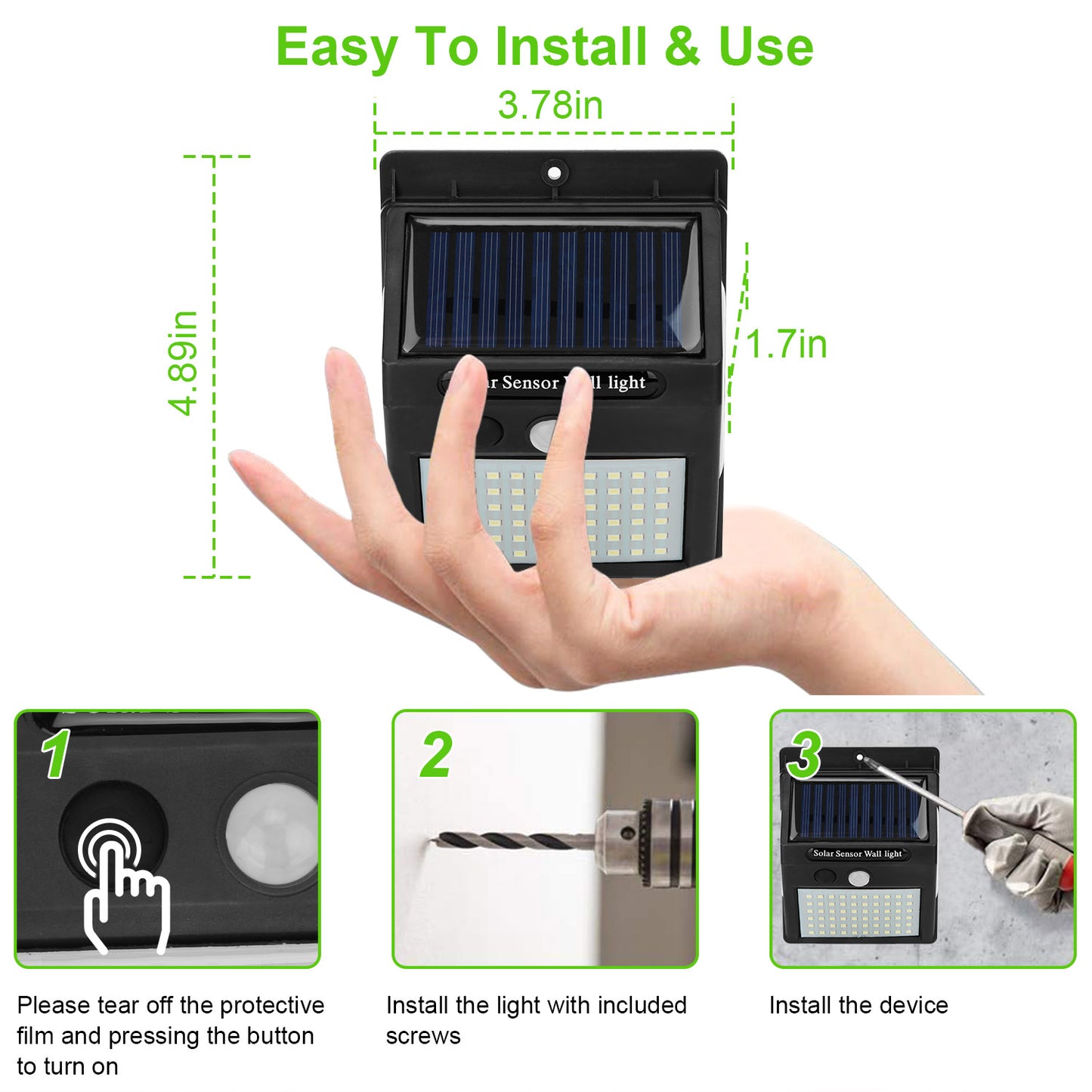 Solar Wall Light Outdoor 100 LEDs PIR Motion Sensor Lamps IP65 Waterproof Lighting for Garage Front Door Garden Pathway
