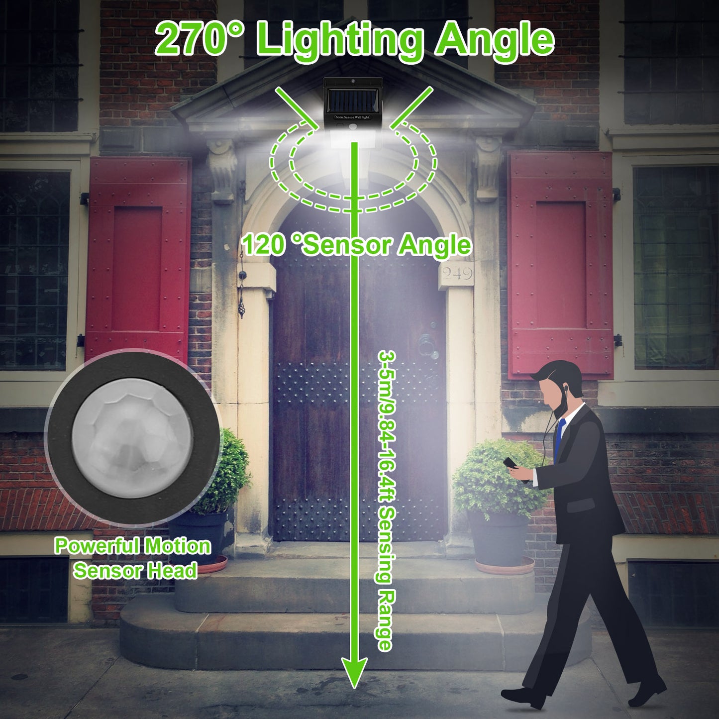 Solar Wall Light Outdoor 100 LEDs PIR Motion Sensor Lamps IP65 Waterproof Lighting for Garage Front Door Garden Pathway