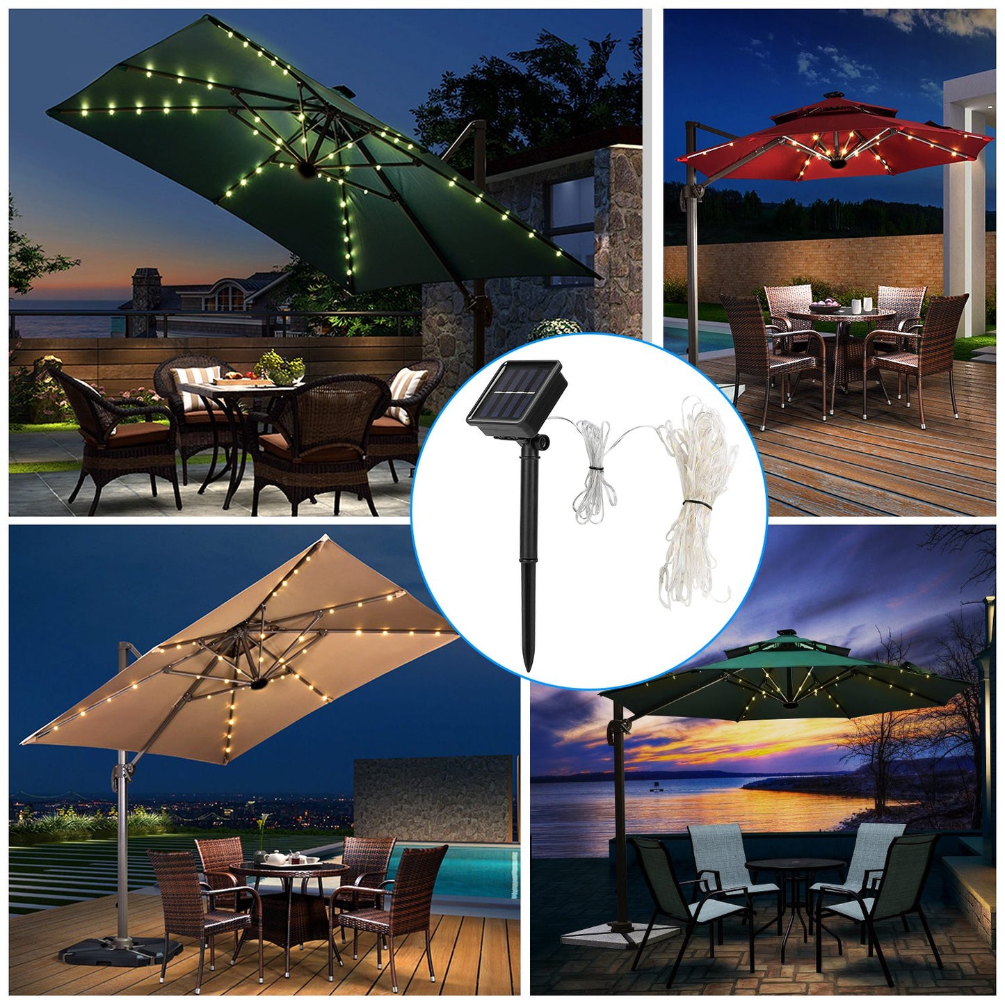Solar Umbrella Lights Outdoor Parasol String Light 8 Lighting Mode Waterproof 104 LED 8 Bundles Warm White for Patio Garden Outdoor