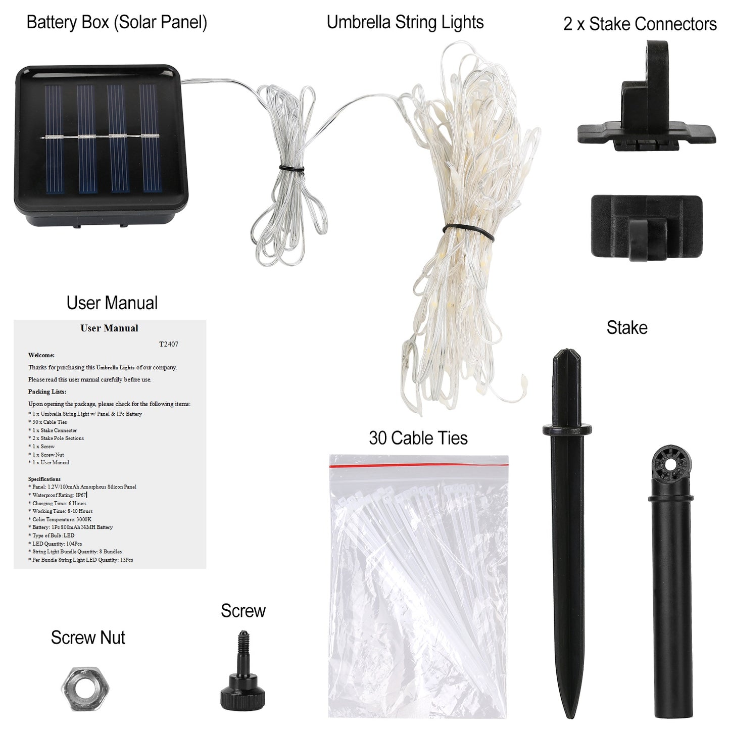 Solar Umbrella Lights Outdoor Parasol String Light 8 Lighting Mode Waterproof 104 LED 8 Bundles Warm White for Patio Garden Outdoor