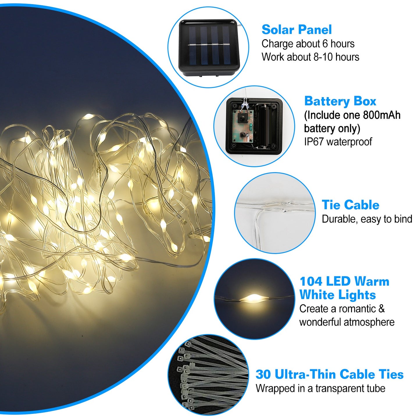 Solar Umbrella Lights Outdoor Parasol String Light 8 Lighting Mode Waterproof 104 LED 8 Bundles Warm White for Patio Garden Outdoor