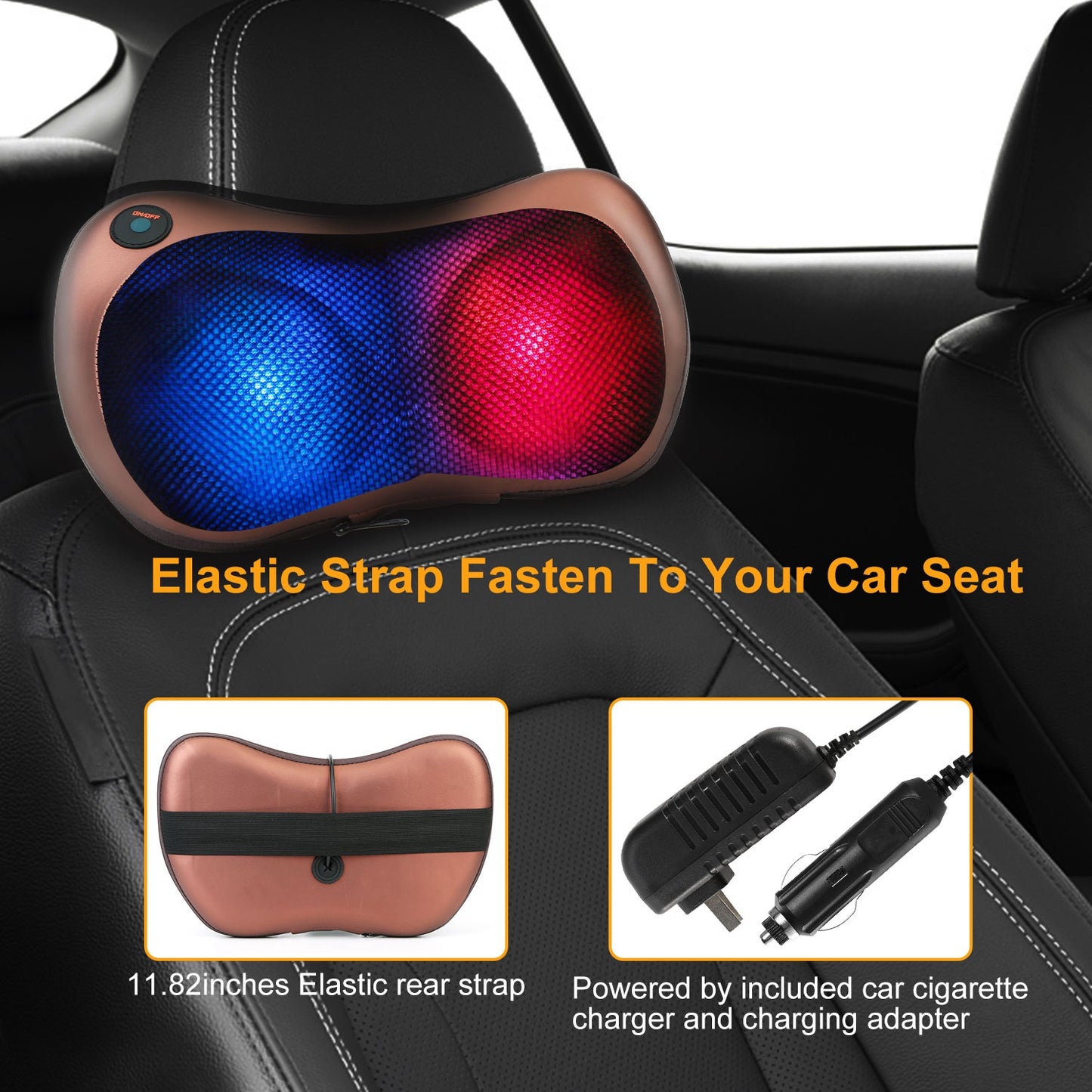 Back Neck Massage Pillow Thermotherapy Kneading Manipulation Massager Car Massage Pillow w/ Cigarette Charger Adapter Pain Relief Relaxing