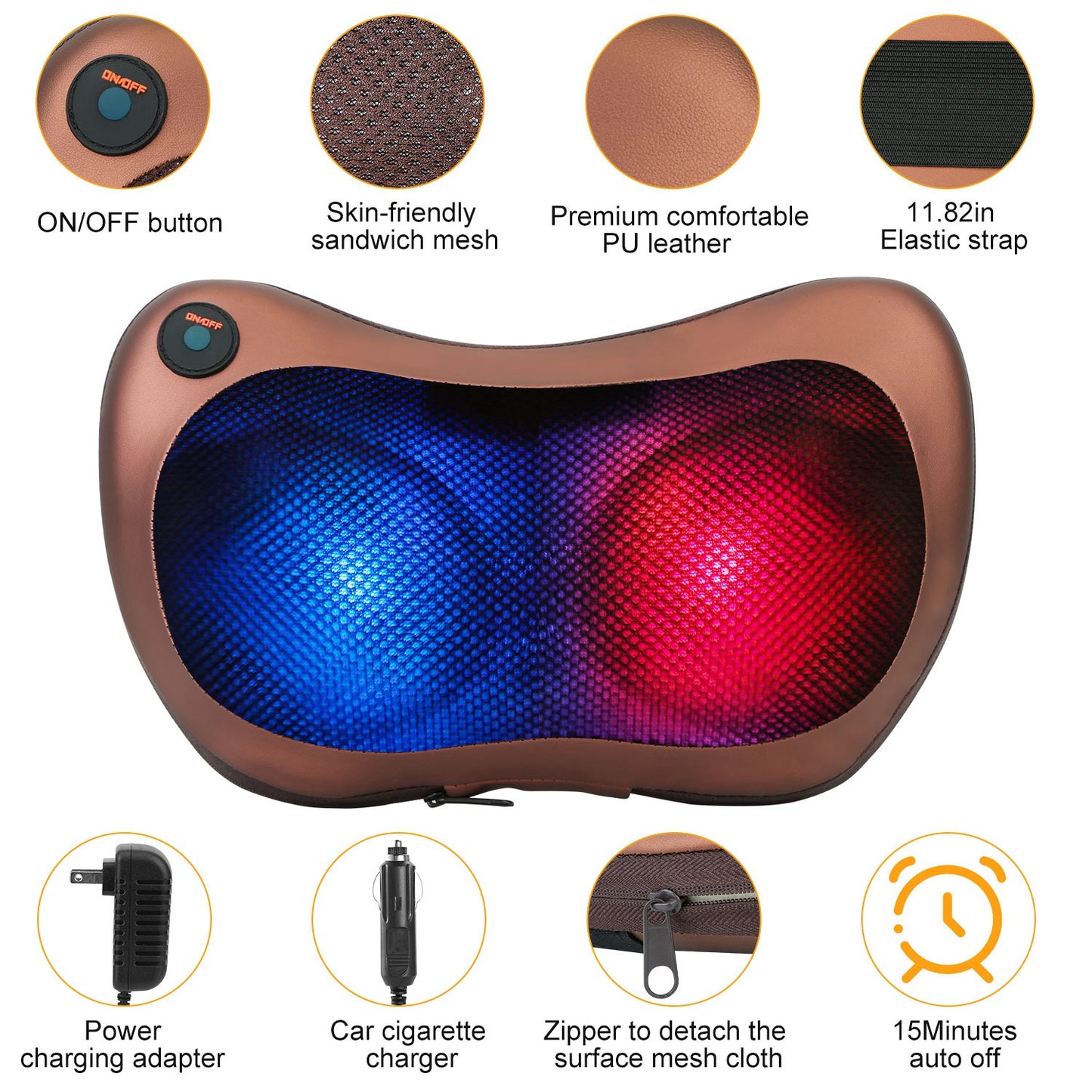 Back Neck Massage Pillow Thermotherapy Kneading Manipulation Massager Car Massage Pillow w/ Cigarette Charger Adapter Pain Relief Relaxing
