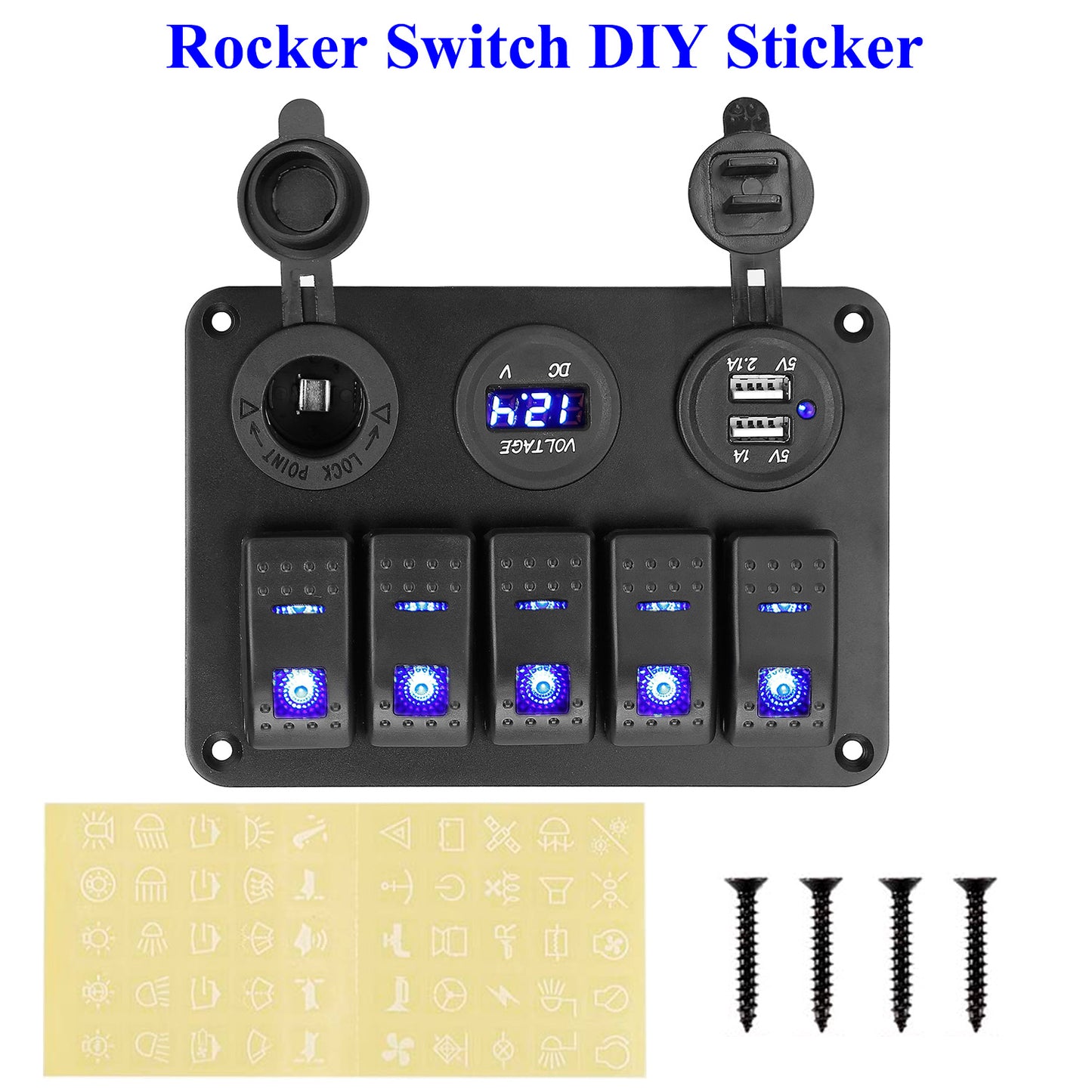 5 Gang Marine Panel Switch Digital Voltmeter ON-OFF Toggle Rocker Aluminum Panel LED Display Dual USB Charger Switch Panel For 12/24V Car