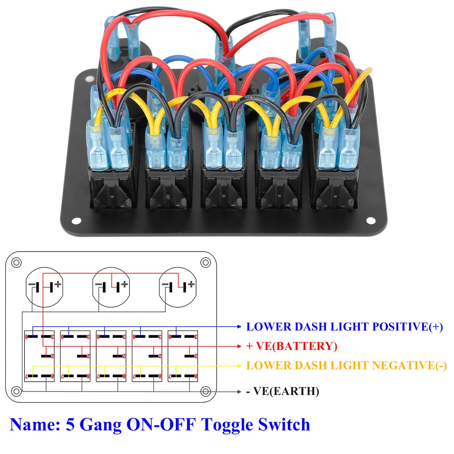 5 Gang Marine Panel Switch Digital Voltmeter ON-OFF Toggle Rocker Aluminum Panel LED Display Dual USB Charger Switch Panel For 12/24V Car