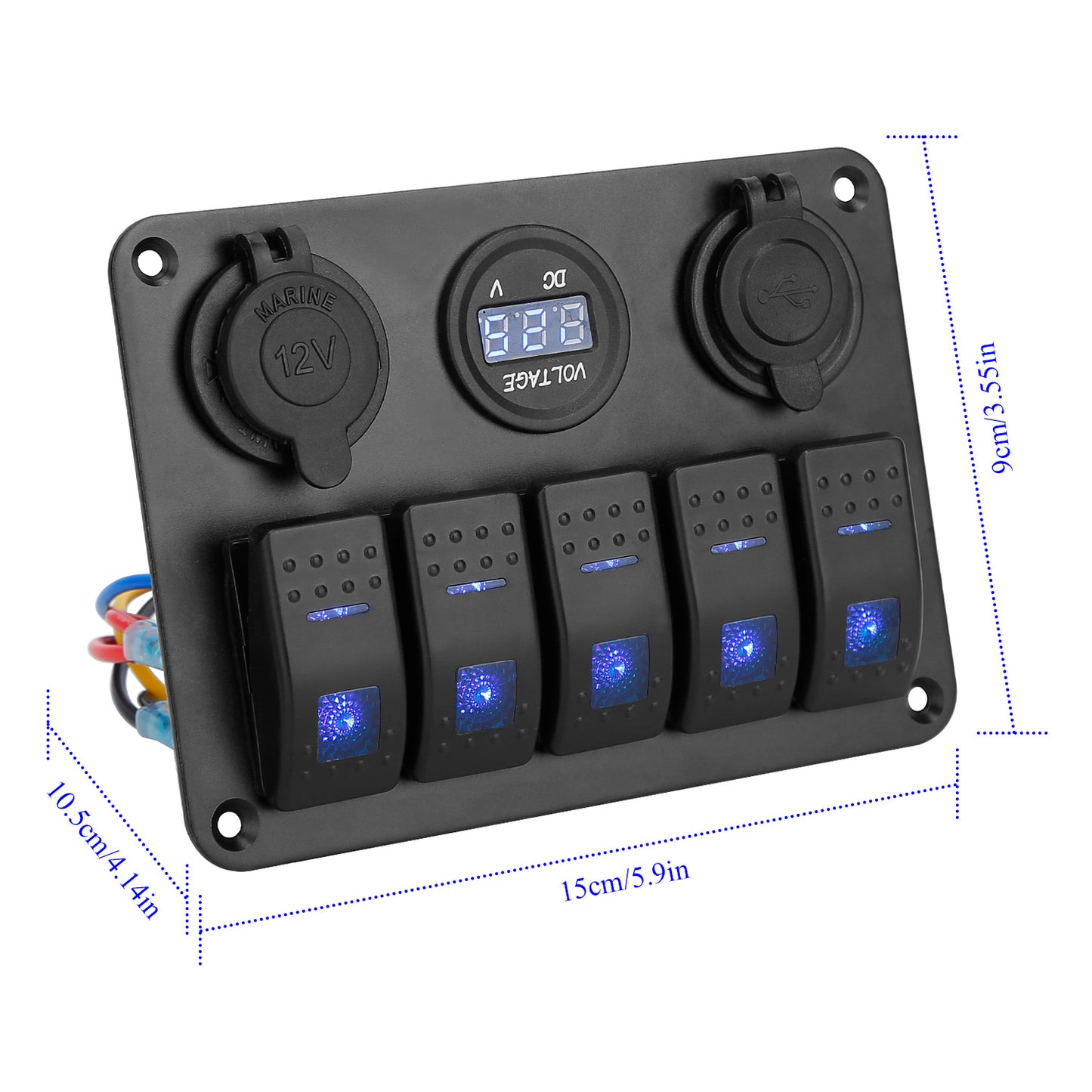 5 Gang Marine Panel Switch Digital Voltmeter ON-OFF Toggle Rocker Aluminum Panel LED Display Dual USB Charger Switch Panel For 12/24V Car
