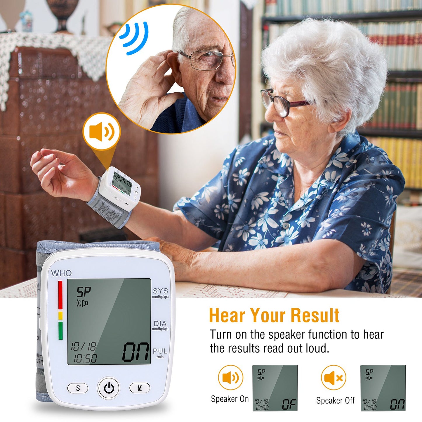 Blood Pressure Monitor Wrist Digital High Blood Pressure Cuff Heartbeat Tester w/ 90x2 Reading Memory 2In LCD Screen Storage Box
