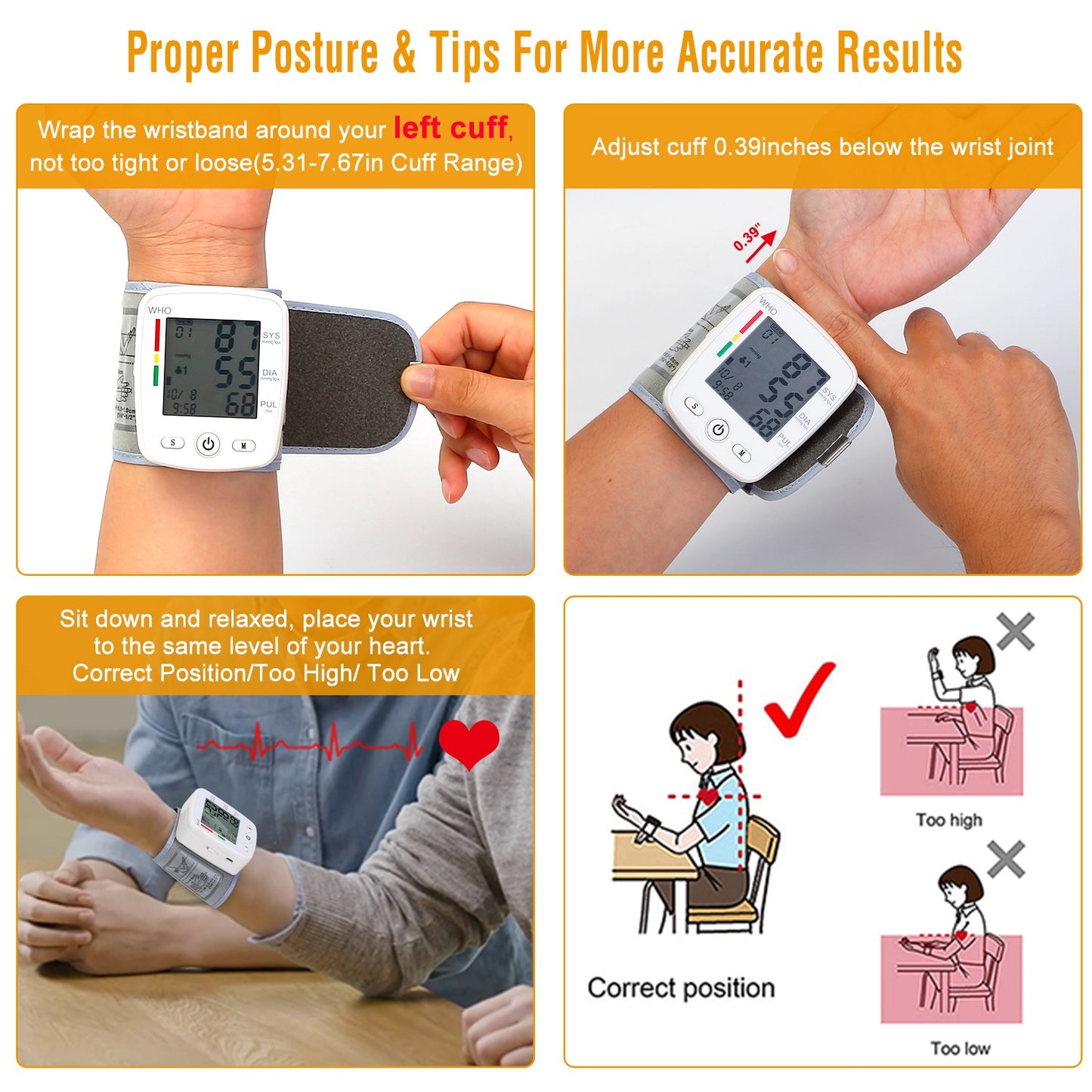 Blood Pressure Monitor Wrist Digital High Blood Pressure Cuff Heartbeat Tester w/ 90x2 Reading Memory 2In LCD Screen Storage Box