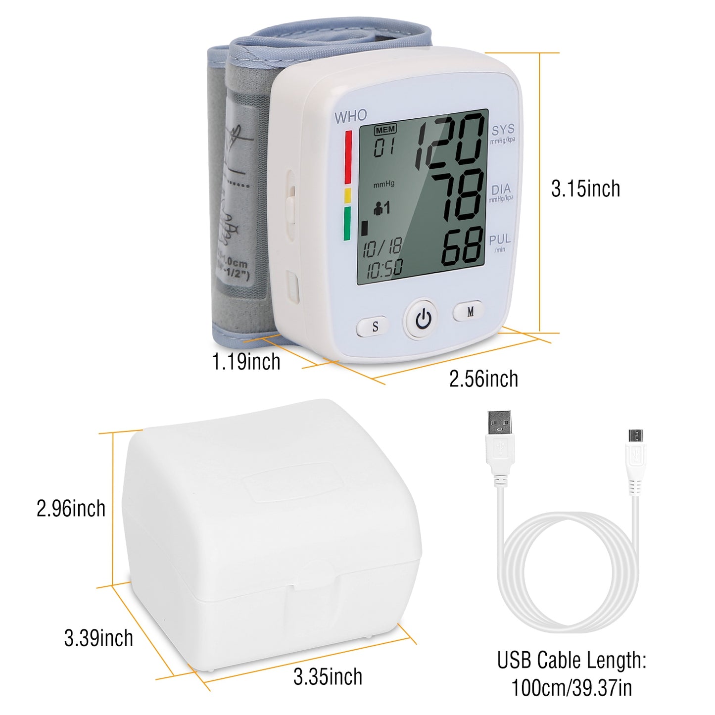 Blood Pressure Monitor Wrist Digital High Blood Pressure Cuff Heartbeat Tester w/ 90x2 Reading Memory 2In LCD Screen Storage Box