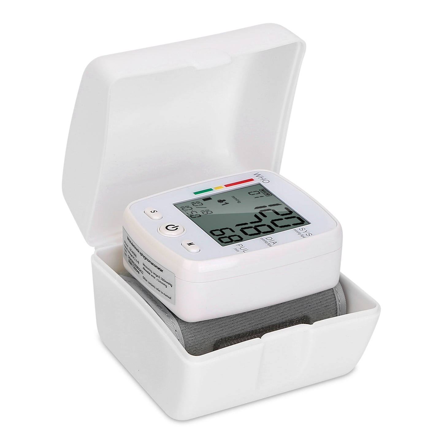 Blood Pressure Monitor Wrist Digital High Blood Pressure Cuff Heartbeat Tester w/ 90x2 Reading Memory 2In LCD Screen Storage Box