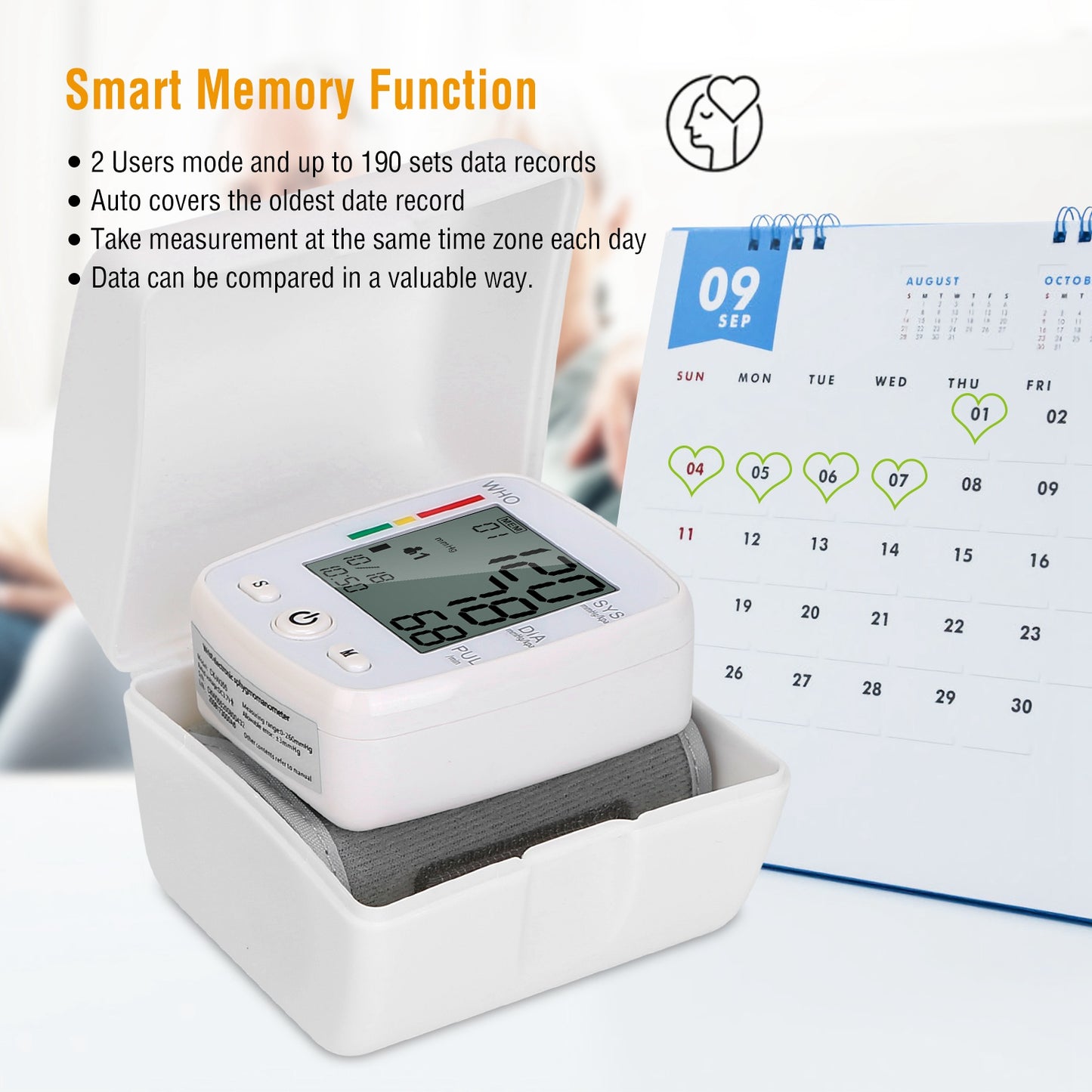 Blood Pressure Monitor Wrist Digital High Blood Pressure Cuff Heartbeat Tester w/ 90x2 Reading Memory 2In LCD Screen Storage Box
