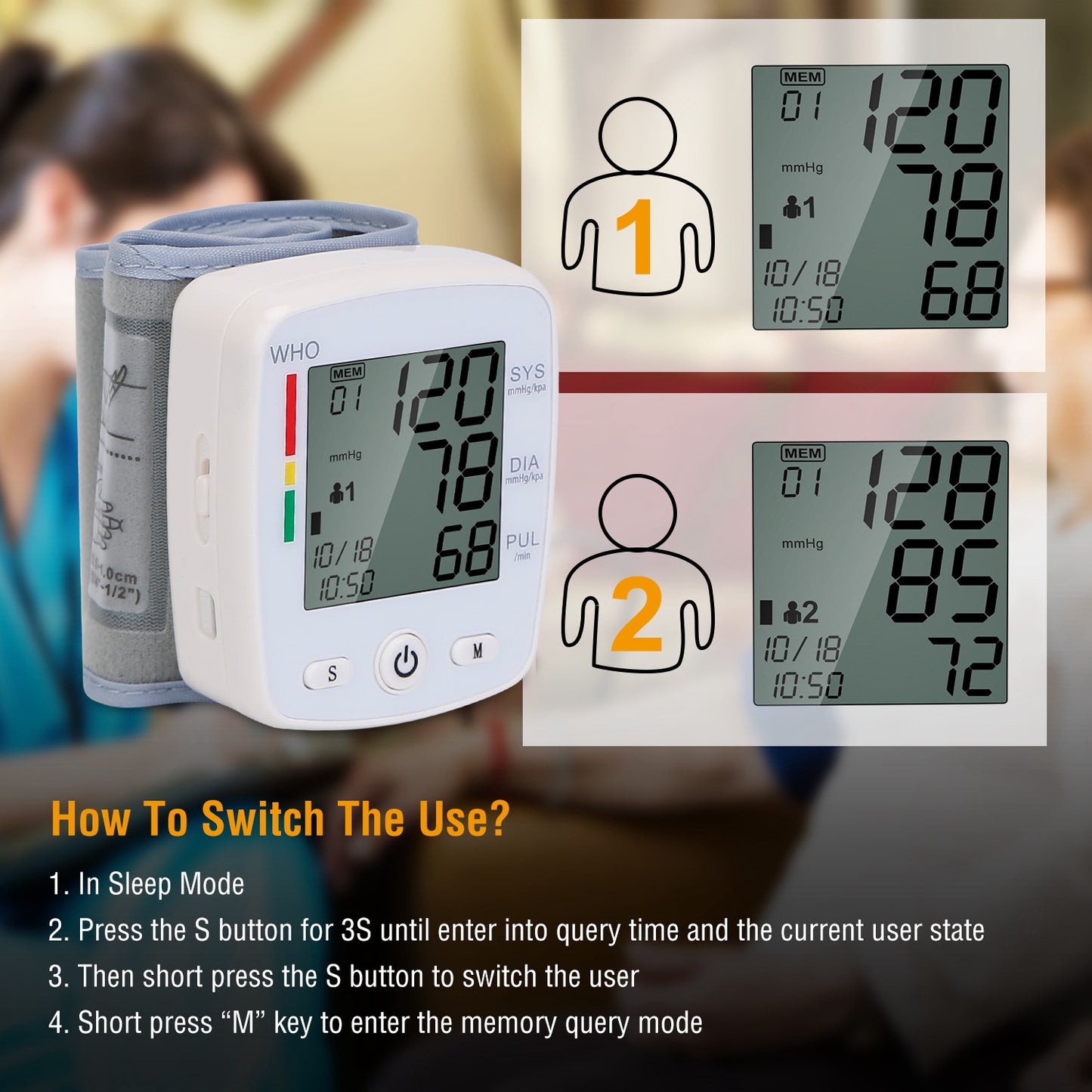 Blood Pressure Monitor Wrist Digital High Blood Pressure Cuff Heartbeat Tester w/ 90x2 Reading Memory 2In LCD Screen Storage Box