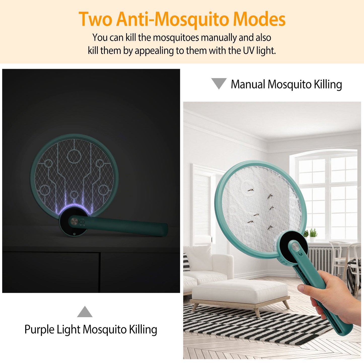 Electric Mosquito Swatter Bug Zapper Fly Insect Killer Lamp 2 in 1 Foldable Harmless Odorless Noiseless Trap Catcher