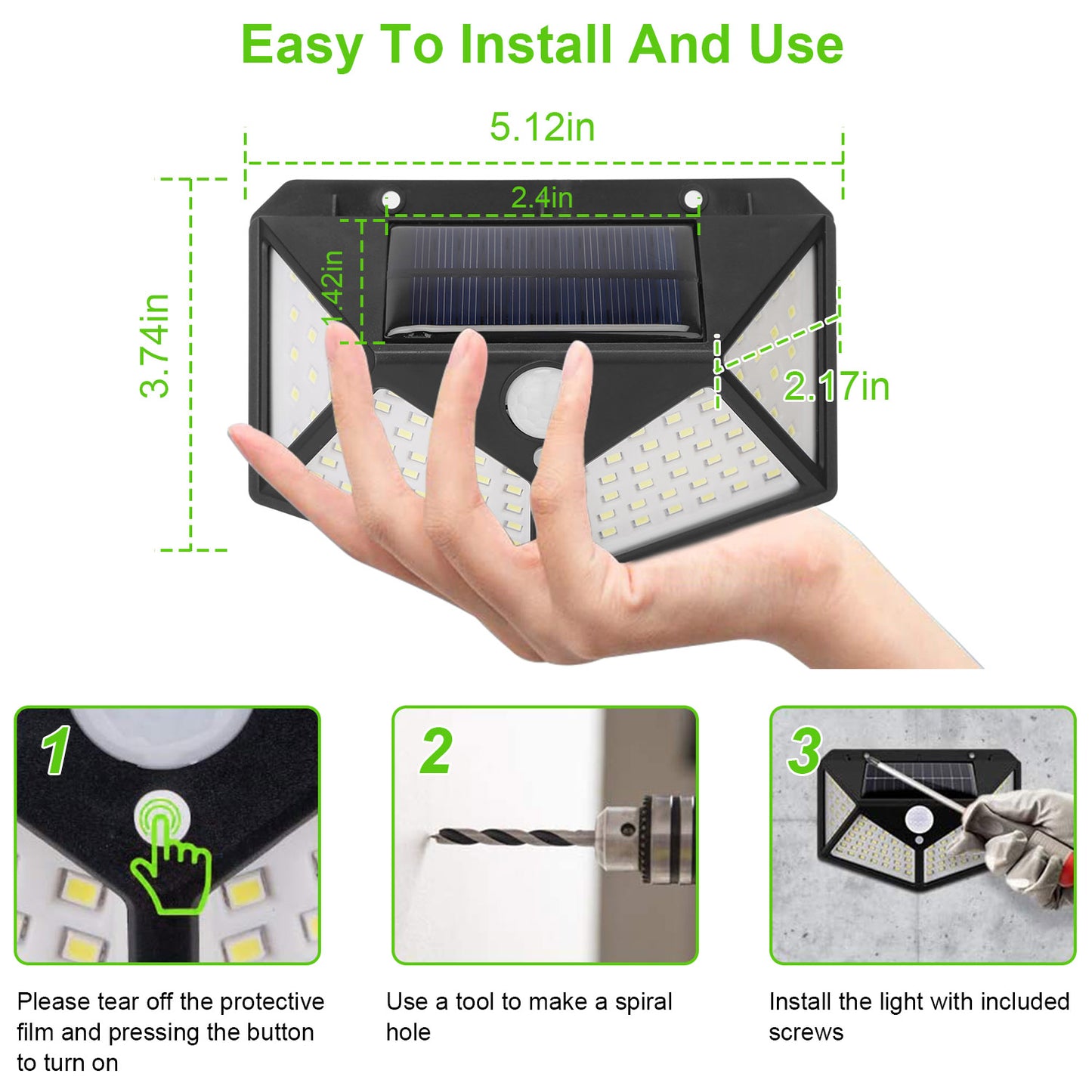Solar Wall Light Outdoor 100LEDs PIR Motion Sensor Lamps IP65 Waterproof Night Lights For Garage Front Door Garden Pathway