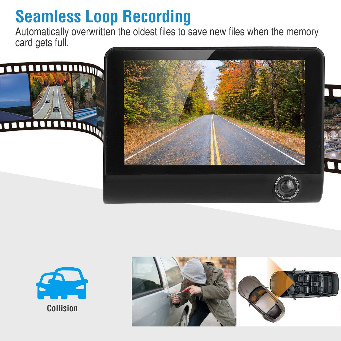 FHD 1080P Car DVR Dash Camera 4In 3 Lens Vehicle Driving Recorder Seamless Recording
