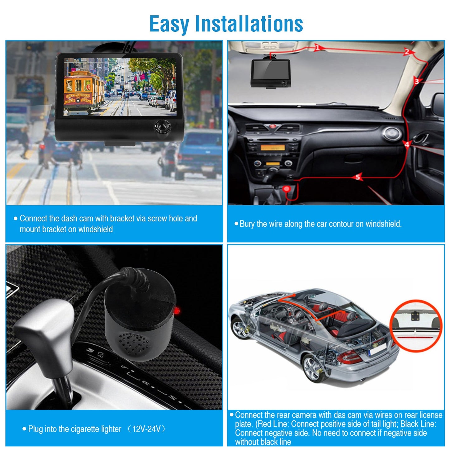 FHD 1080P Car DVR Dash Camera 4In 3 Lens Vehicle Driving Recorder Seamless Recording