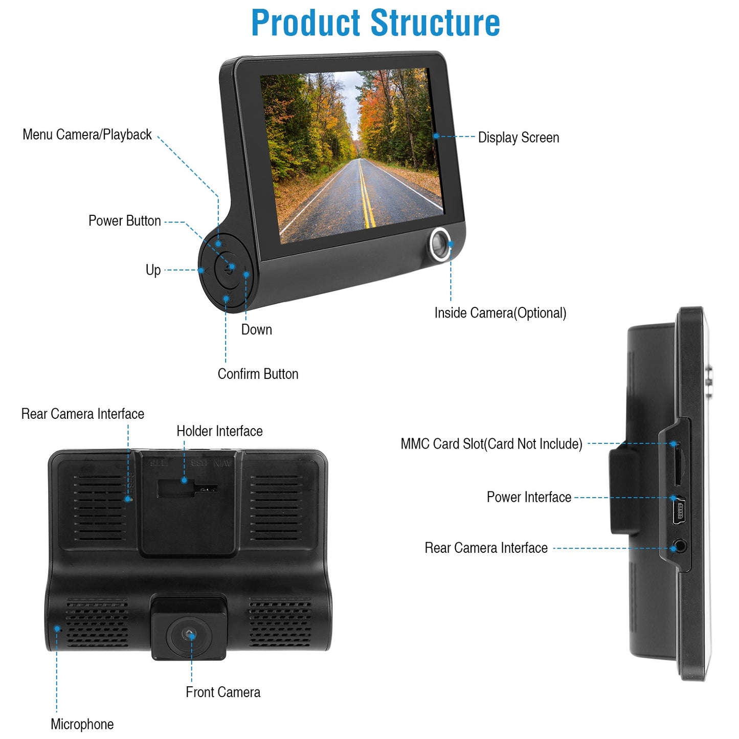FHD 1080P Car DVR Dash Camera 4In 3 Lens Vehicle Driving Recorder Seamless Recording