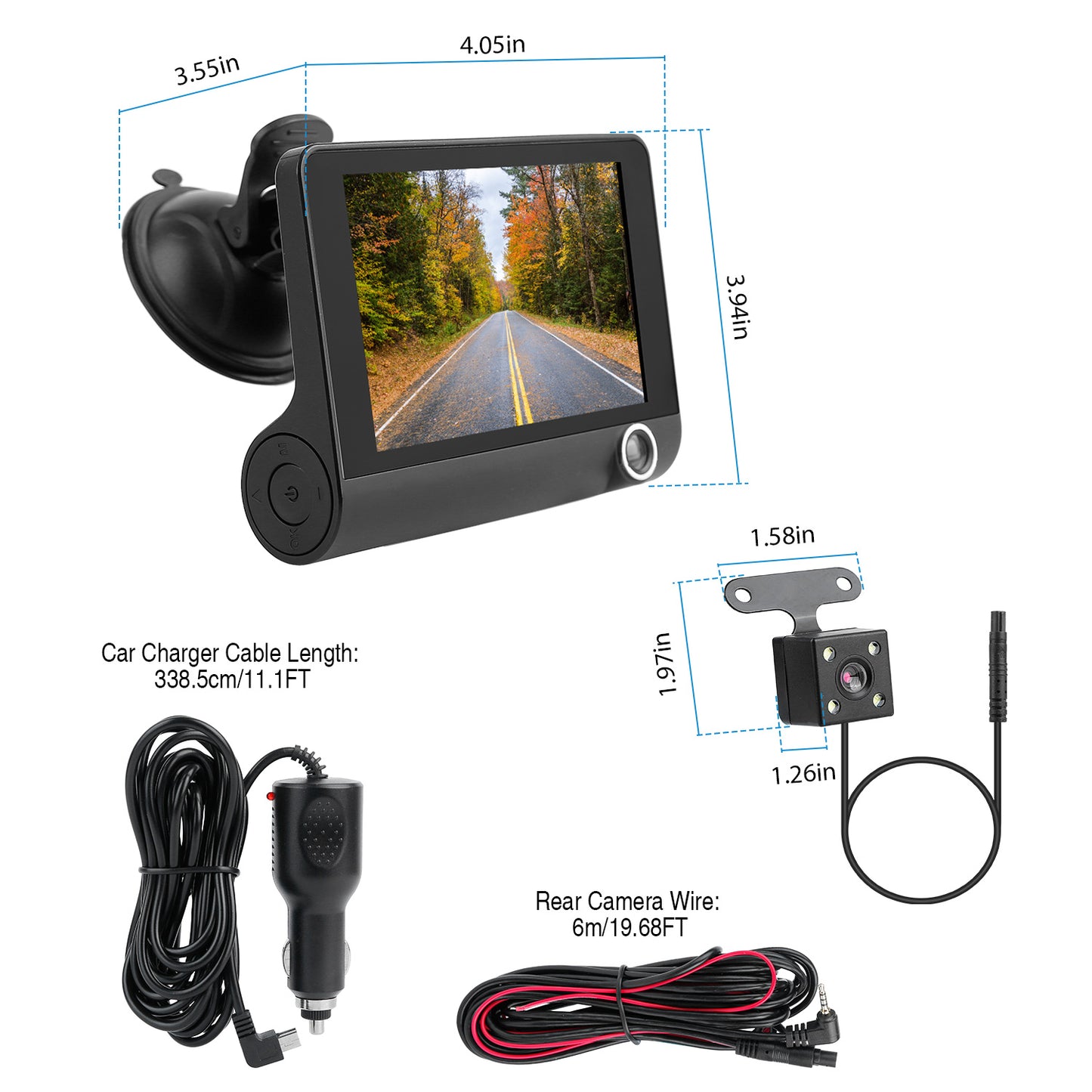 FHD 1080P Car DVR Dash Camera 4In 3 Lens Vehicle Driving Recorder Seamless Recording