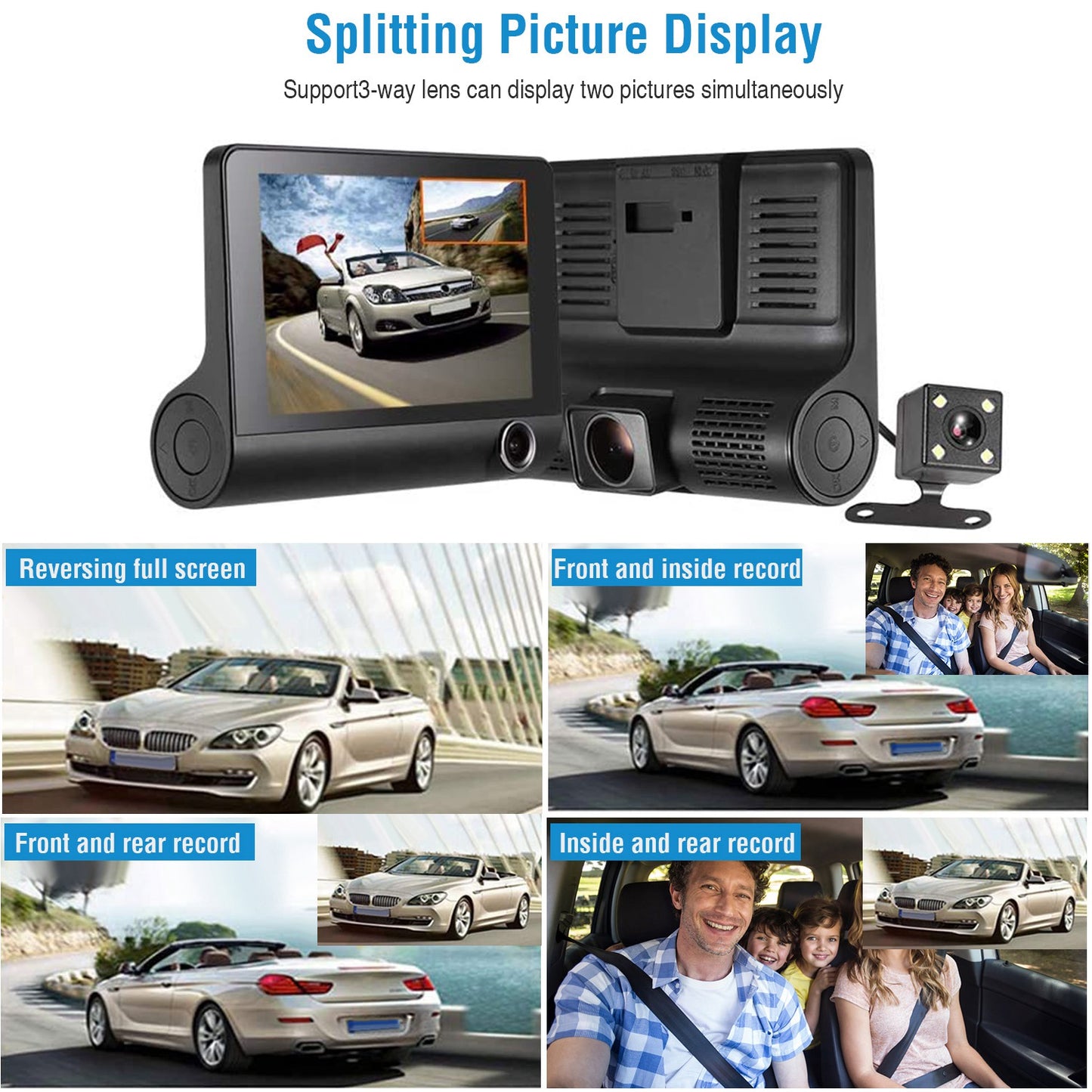 FHD 1080P Car DVR Dash Camera 4In 3 Lens Vehicle Driving Recorder Seamless Recording