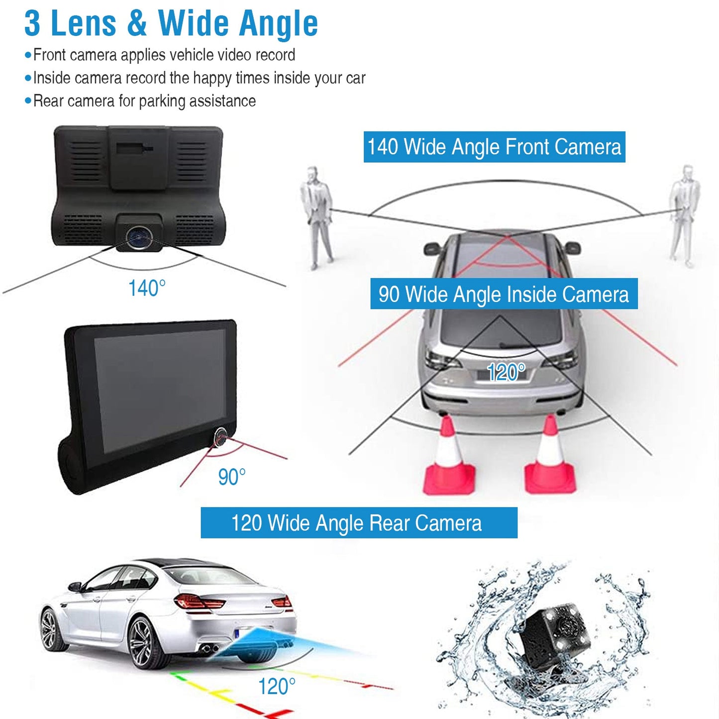 FHD 1080P Car DVR Dash Camera 4In 3 Lens Vehicle Driving Recorder Seamless Recording