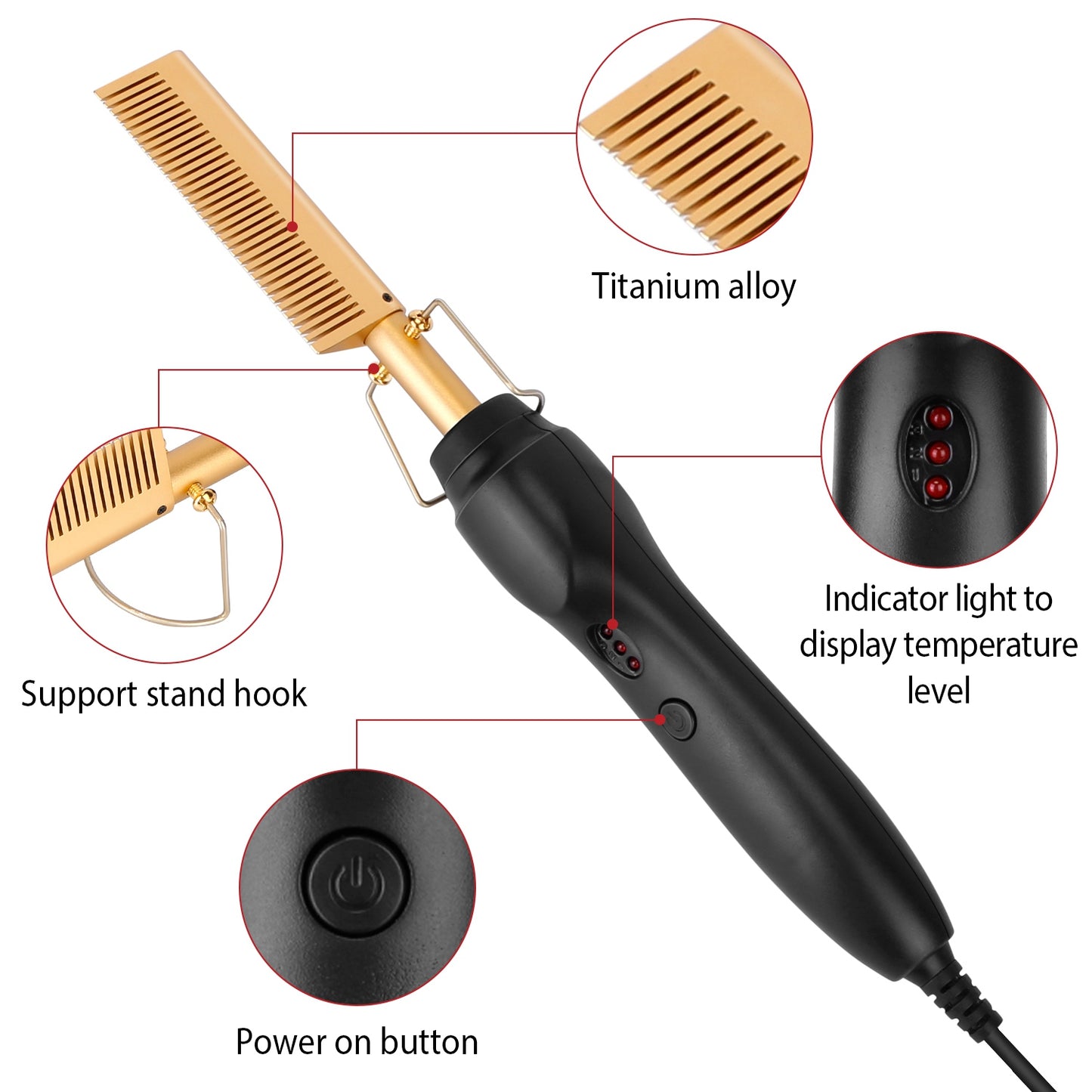 Electric Heating Hair Comb PTC Ceramic Hair Straightener Curler Brush Hair Straight Styler Wet Dry Use w/ 3 Temperature Adjustment