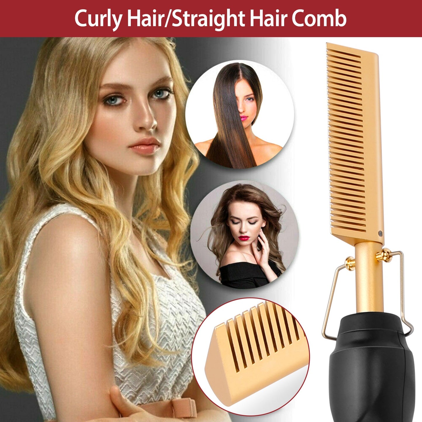 Electric Heating Hair Comb PTC Ceramic Hair Straightener Curler Brush Hair Straight Styler Wet Dry Use w/ 3 Temperature Adjustment