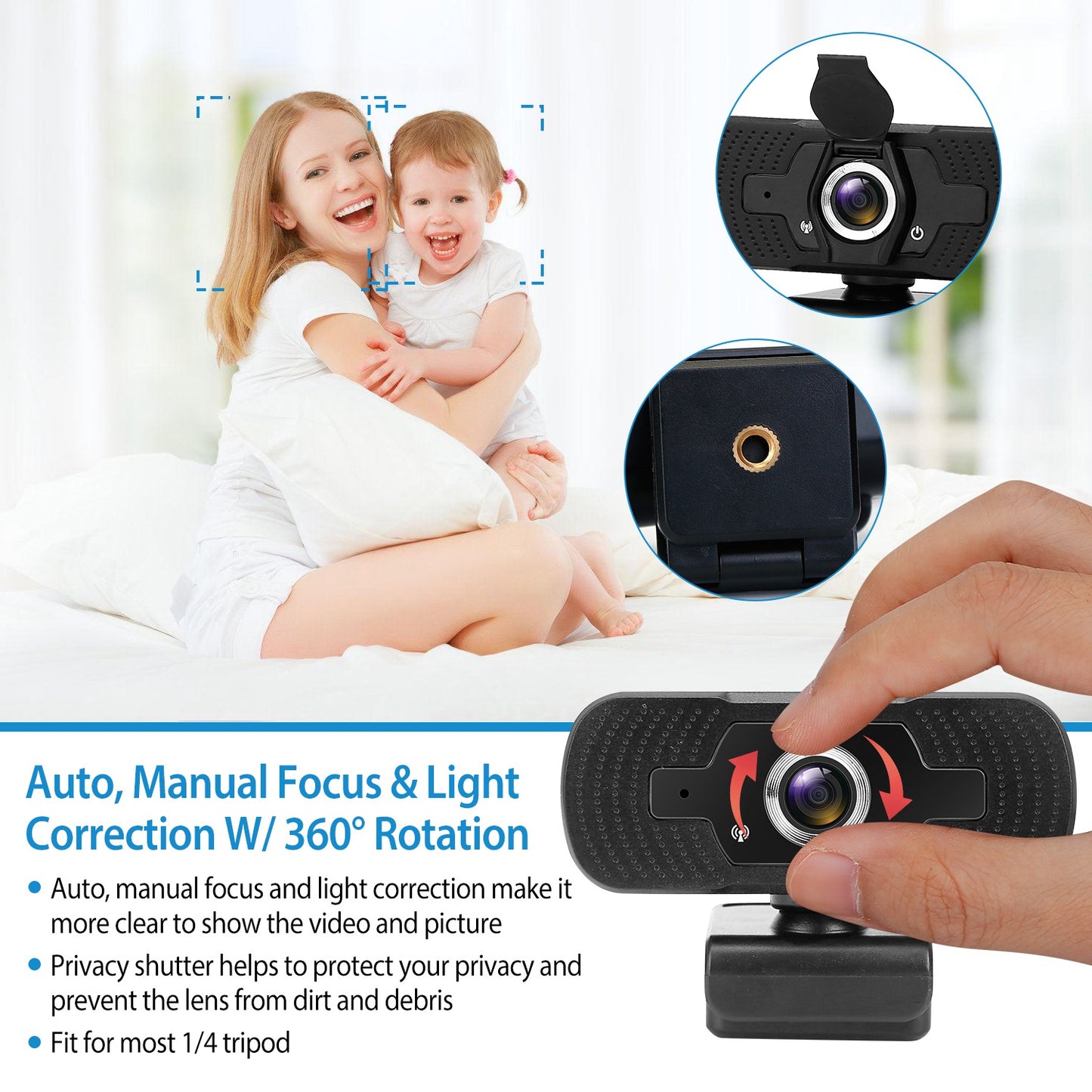 FHD 1080P USB Webcam w/ Microphone Privacy Cover Rotatable Clip Streaming USB Camera Plug And Play