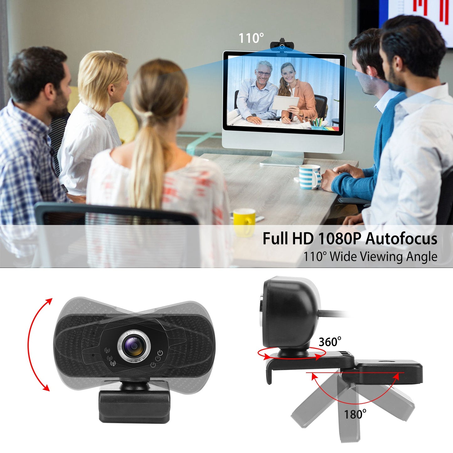 FHD 1080P USB Webcam w/ Microphone Privacy Cover Rotatable Clip Streaming USB Camera Plug And Play