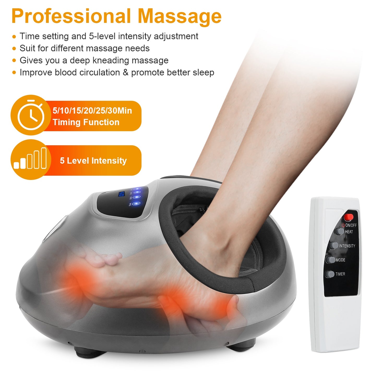 Electric Foot Massager Heat Therapy Kneading Air Compression Machine Intensity Time Setting Foot Pain Relief Massagers US9.5 Home Office