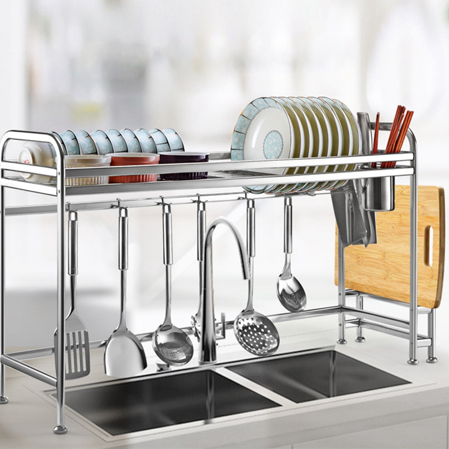 Over Sink Dish Drying Rack Shelf Stainless Steel Kitchen Countertop Bowl Dish Chopping Board Organizer Rack w/ Cutlery Holder