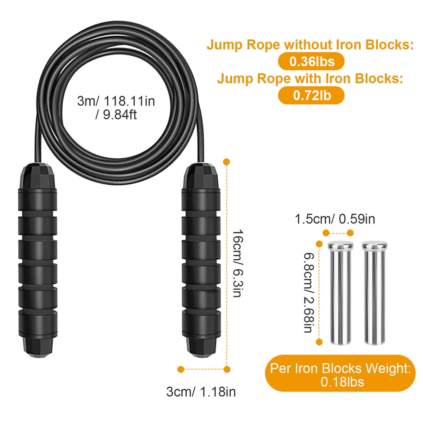 3M/9.84FT Jump Rope Length Adjustable Skip Ropes w/ Steel Rope Two Iron Blocks Anti-Skip Foam Handle Grip For Crossfit Workout Gym