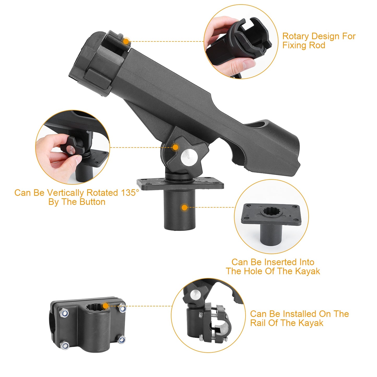 Boat Fishing Pole Rod Holder 360�� Rotatable Kayak Side Rail Mount Adjustable Folding Rod Holder w/ Large Clamp