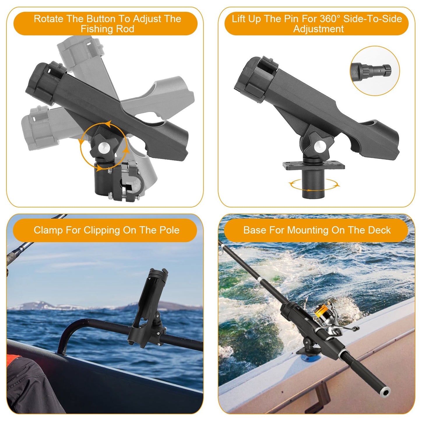 Boat Fishing Pole Rod Holder 360�� Rotatable Kayak Side Rail Mount Adjustable Folding Rod Holder w/ Large Clamp