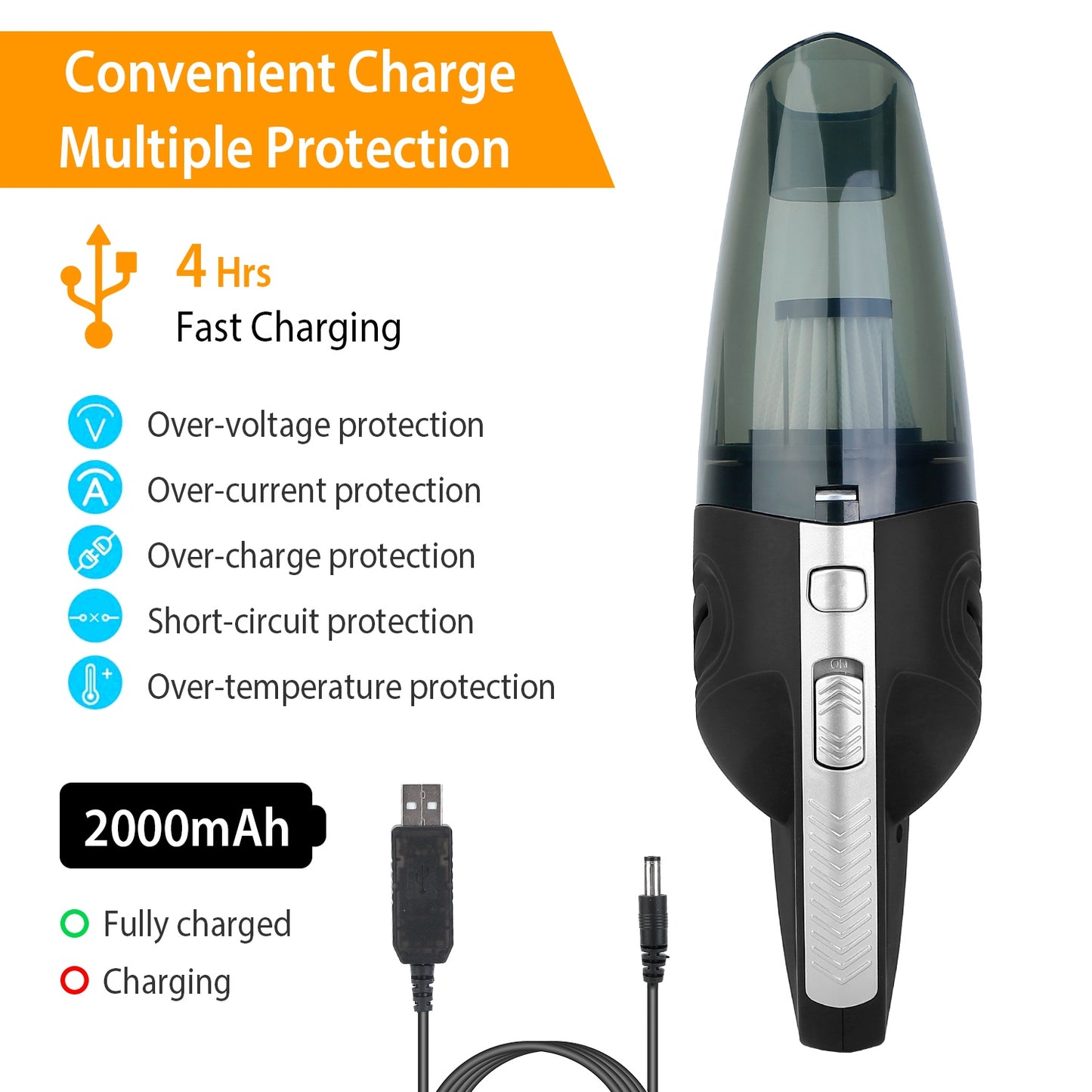Car Handheld Vacuum Cleaner Cordless Rechargeable Hand Vacuum Portable Strong Suction Vacuum w/ Hose Nuzzle Brush For Dust Pet Hair