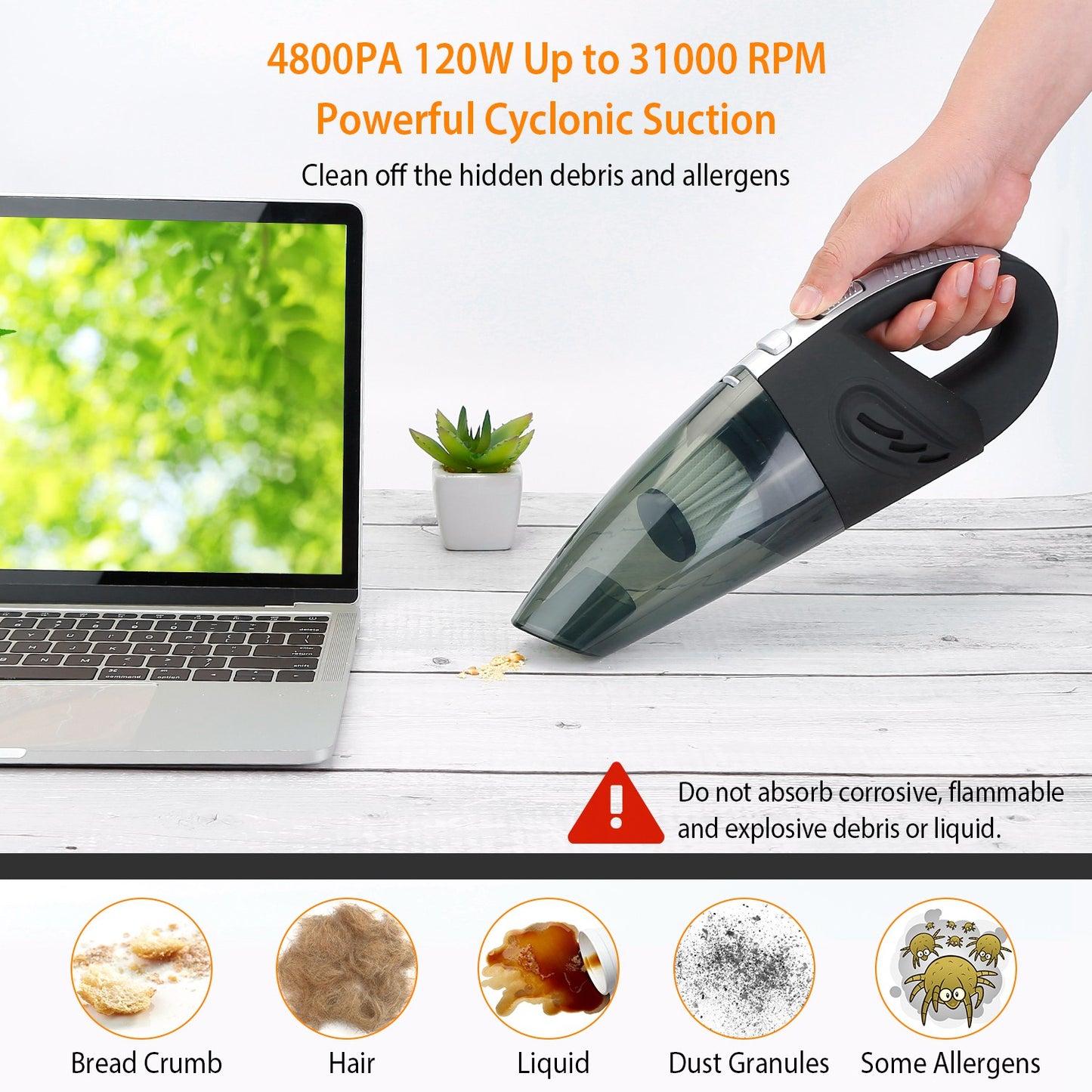 Car Handheld Vacuum Cleaner Cordless Rechargeable Hand Vacuum Portable Strong Suction Vacuum w/ Hose Nuzzle Brush For Dust Pet Hair