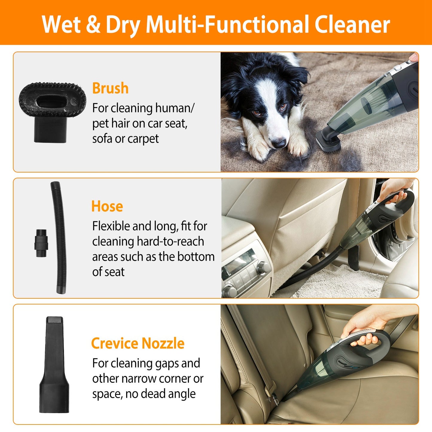 Car Handheld Vacuum Cleaner Cordless Rechargeable Hand Vacuum Portable Strong Suction Vacuum w/ Hose Nuzzle Brush For Dust Pet Hair