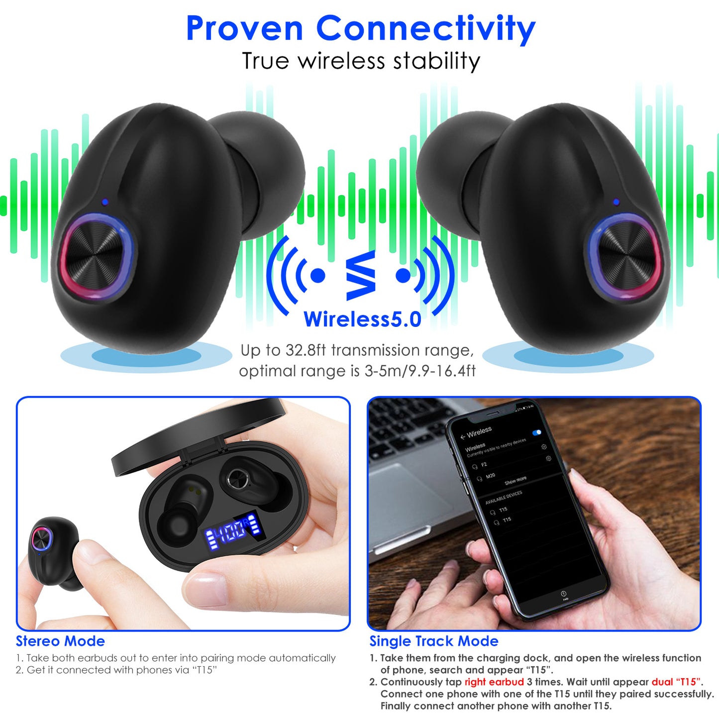 TWS Wireless 5.0 Earbuds In-Ear Stereo Headset Noise Canceling Earphone Headsets w/Mic Magnetic Charging Dock