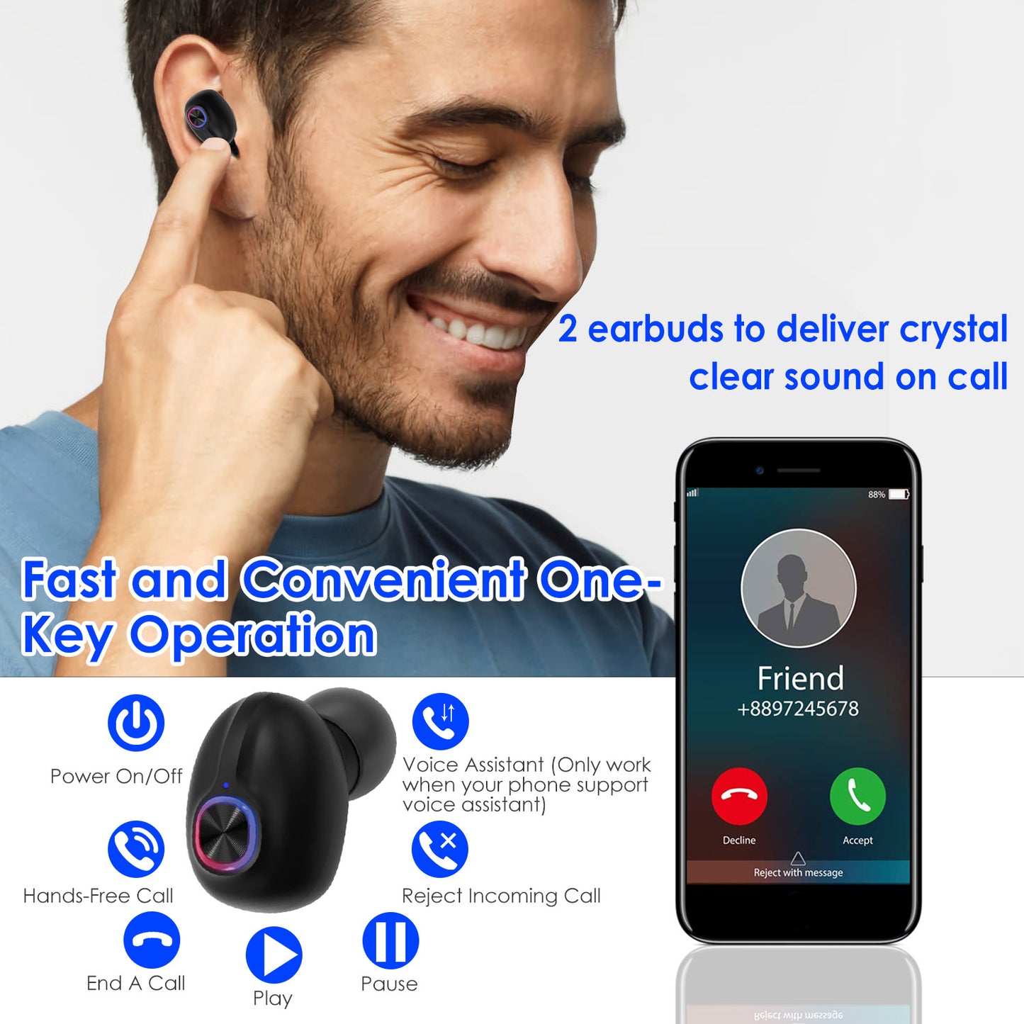 TWS Wireless 5.0 Earbuds In-Ear Stereo Headset Noise Canceling Earphone Headsets w/Mic Magnetic Charging Dock