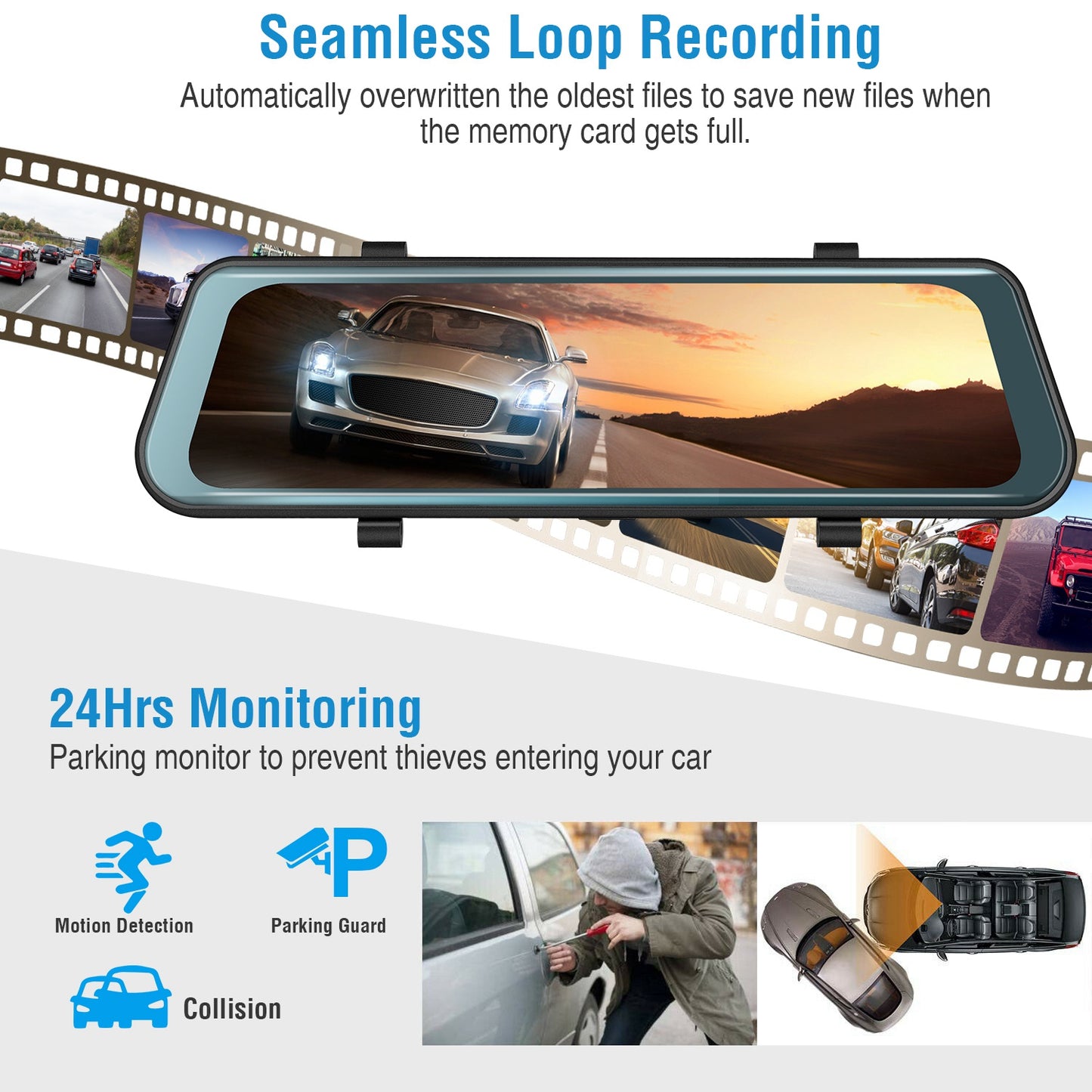 FHD 1080P Car DVR Dash Camera 9.66In Vehicle Driving Recorder w/ G Sensor Parking Monitoring