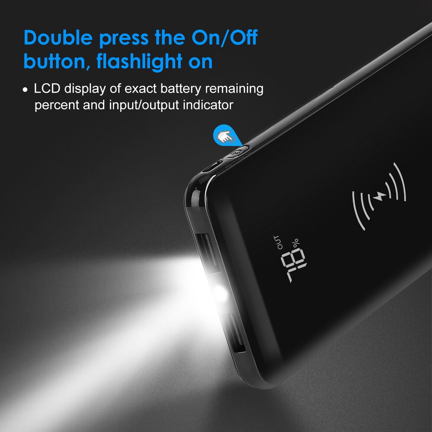 Qi Wireless Charging Station 10000mAh Power Bank Phone Tablet Charger w/ 4 Flashlight Black