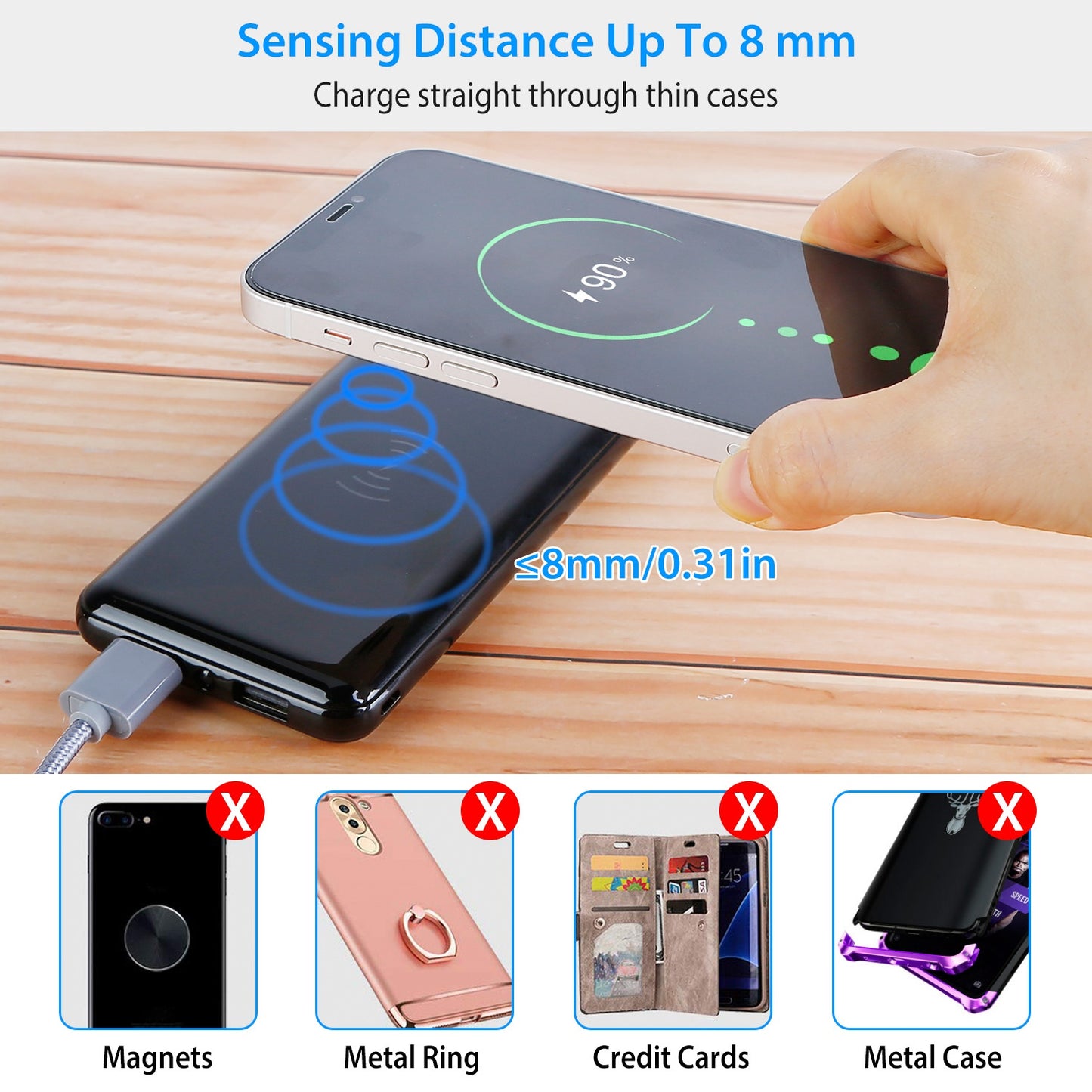 Qi Wireless Charging Station 10000mAh Power Bank Phone Tablet Charger w/ 4 Flashlight Black