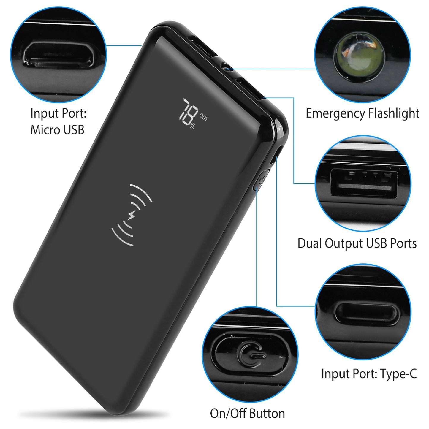 Qi Wireless Charging Station 10000mAh Power Bank Phone Tablet Charger w/ 4 Flashlight Black
