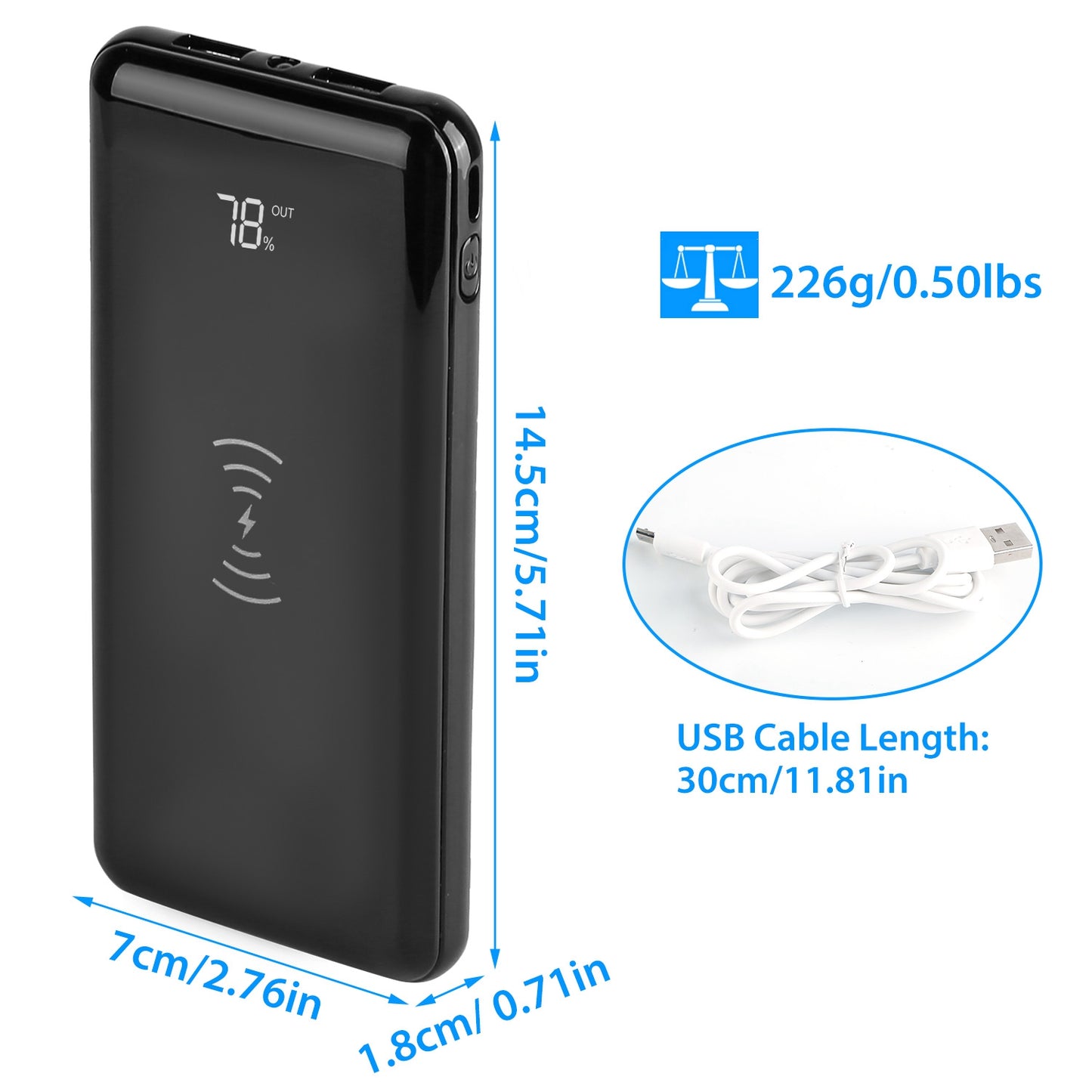 Qi Wireless Charging Station 10000mAh Power Bank Phone Tablet Charger w/ 4 Flashlight Black