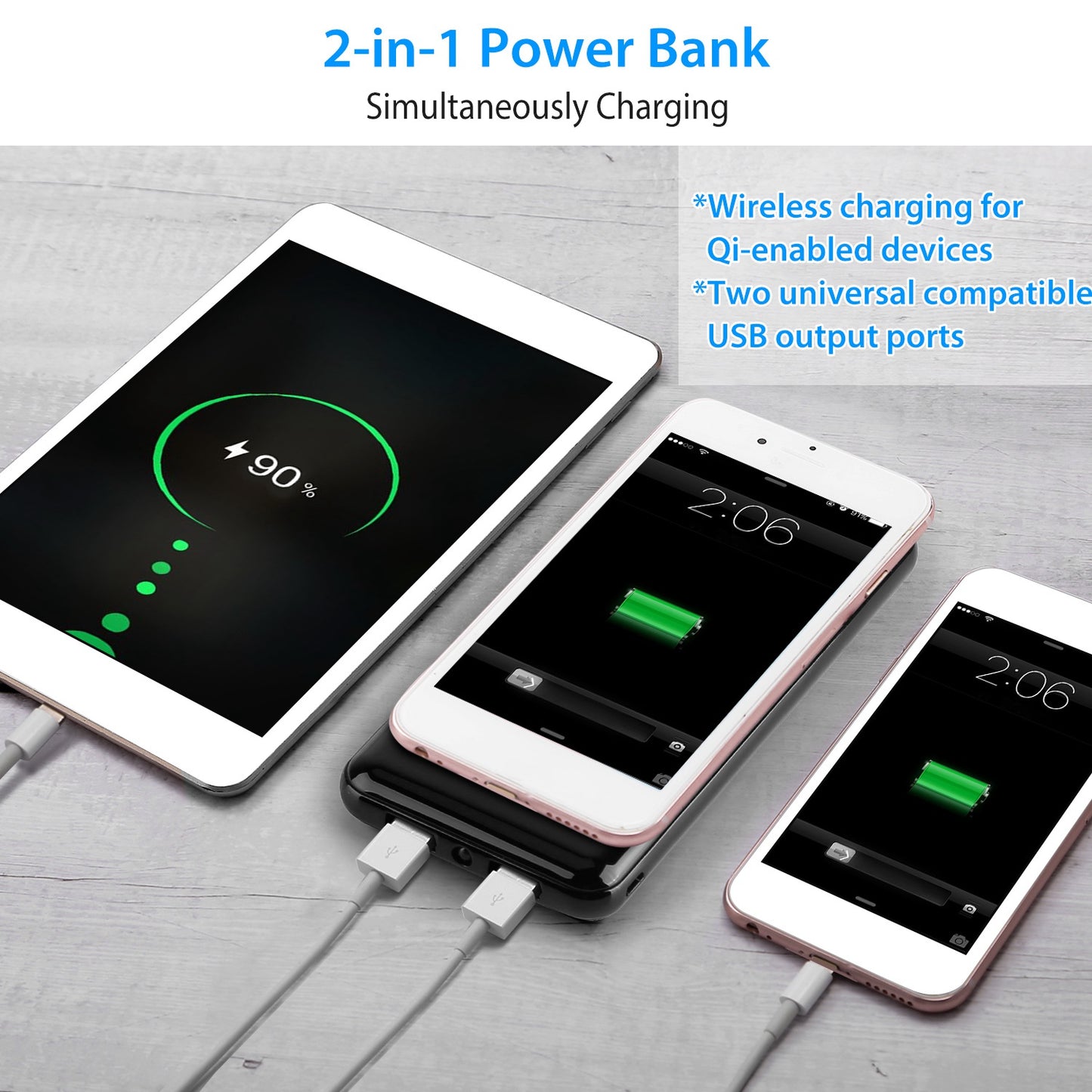Qi Wireless Charging Station 10000mAh Power Bank Phone Tablet Charger w/ 4 Flashlight Black