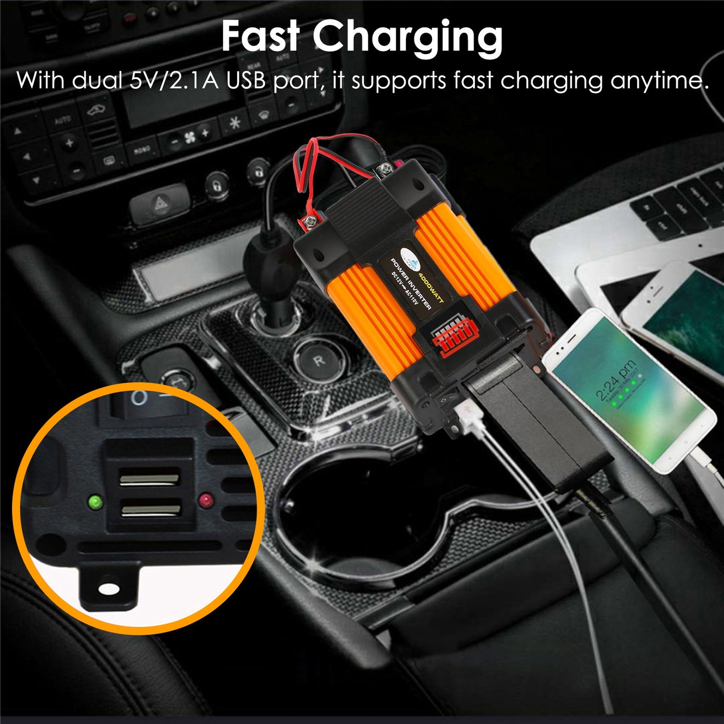 500W Continuous Power Inverter DC 12V To AC 110V Car 4000w Peak Power Inverter w/ Dual 5V 2.1A USB Ports