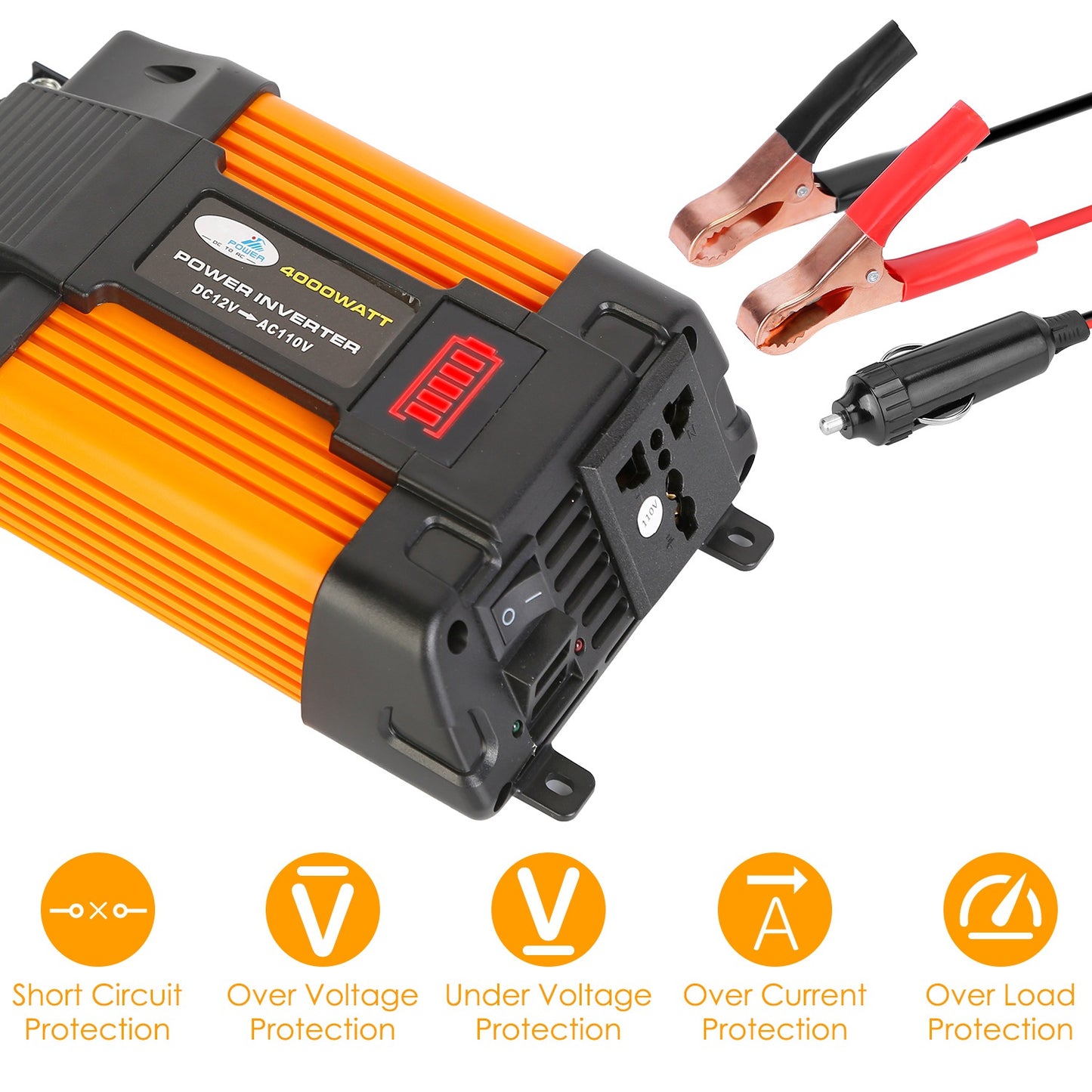500W Continuous Power Inverter DC 12V To AC 110V Car 4000w Peak Power Inverter w/ Dual 5V 2.1A USB Ports