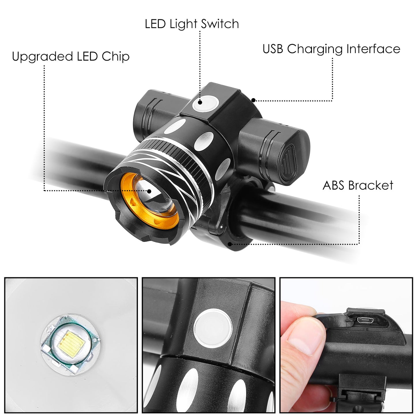 Bike Headlight USB Rechargeable LED Bicycle Front Light IPX6 Waterproof Bicycle Headlight Aluminum Alloy Shell