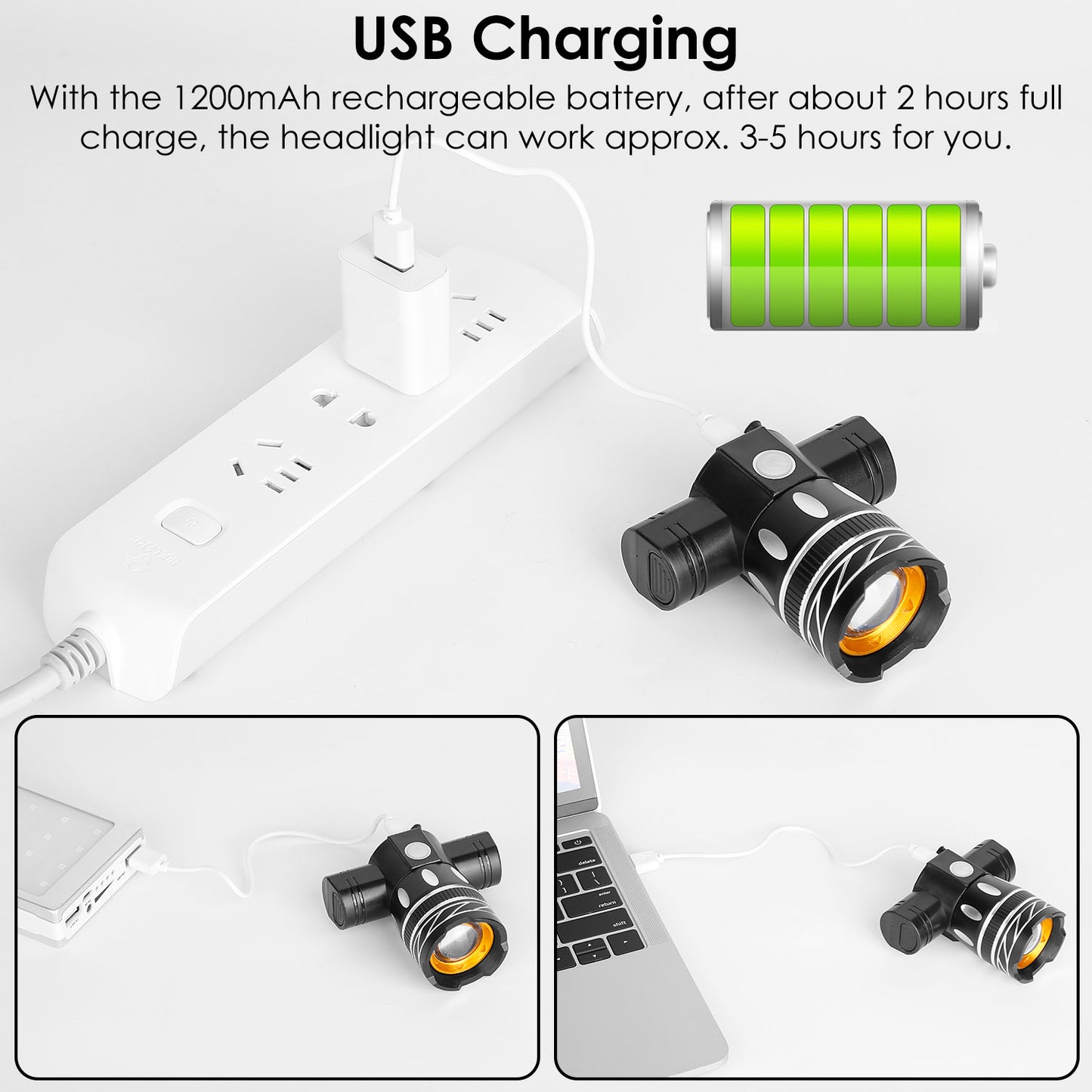 Bike Headlight USB Rechargeable LED Bicycle Front Light IPX6 Waterproof Bicycle Headlight Aluminum Alloy Shell